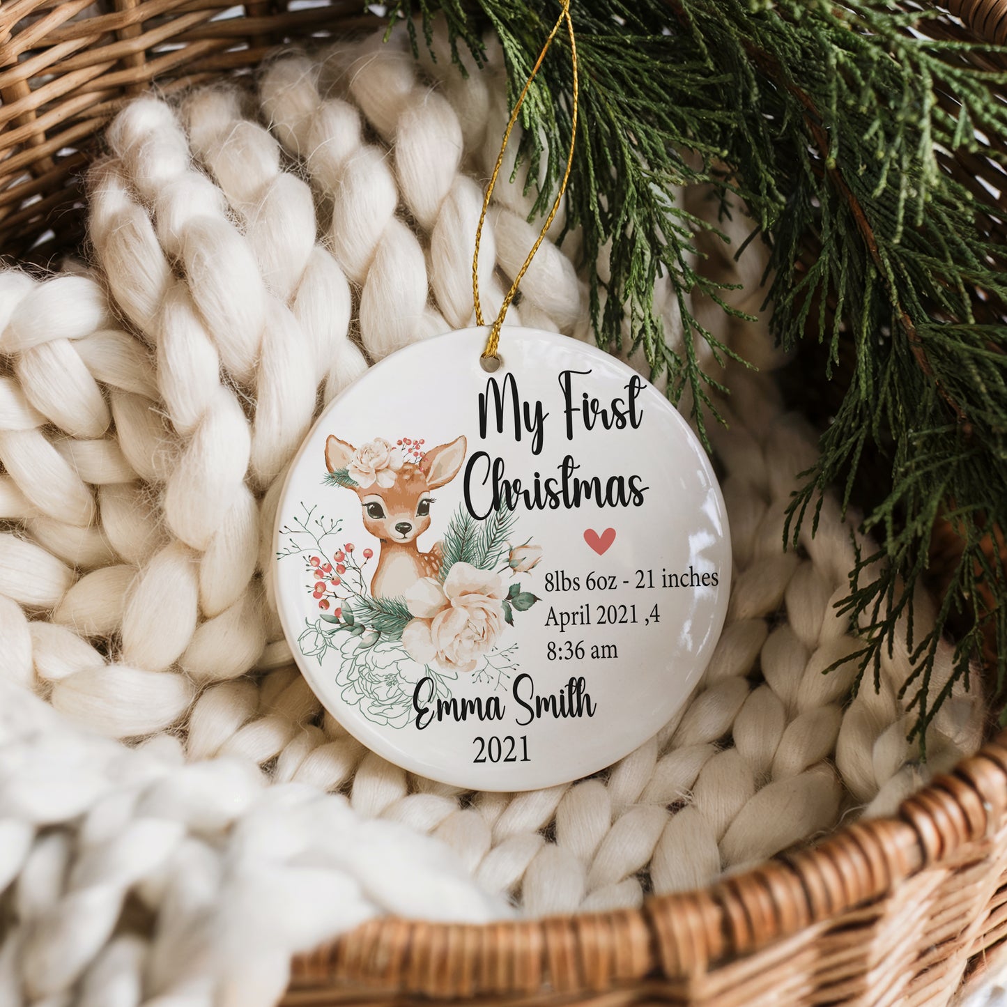 Personalized Baby Birth Stats Ornament, Deer Theme Nursery Decoration, Winter Keepsake.
