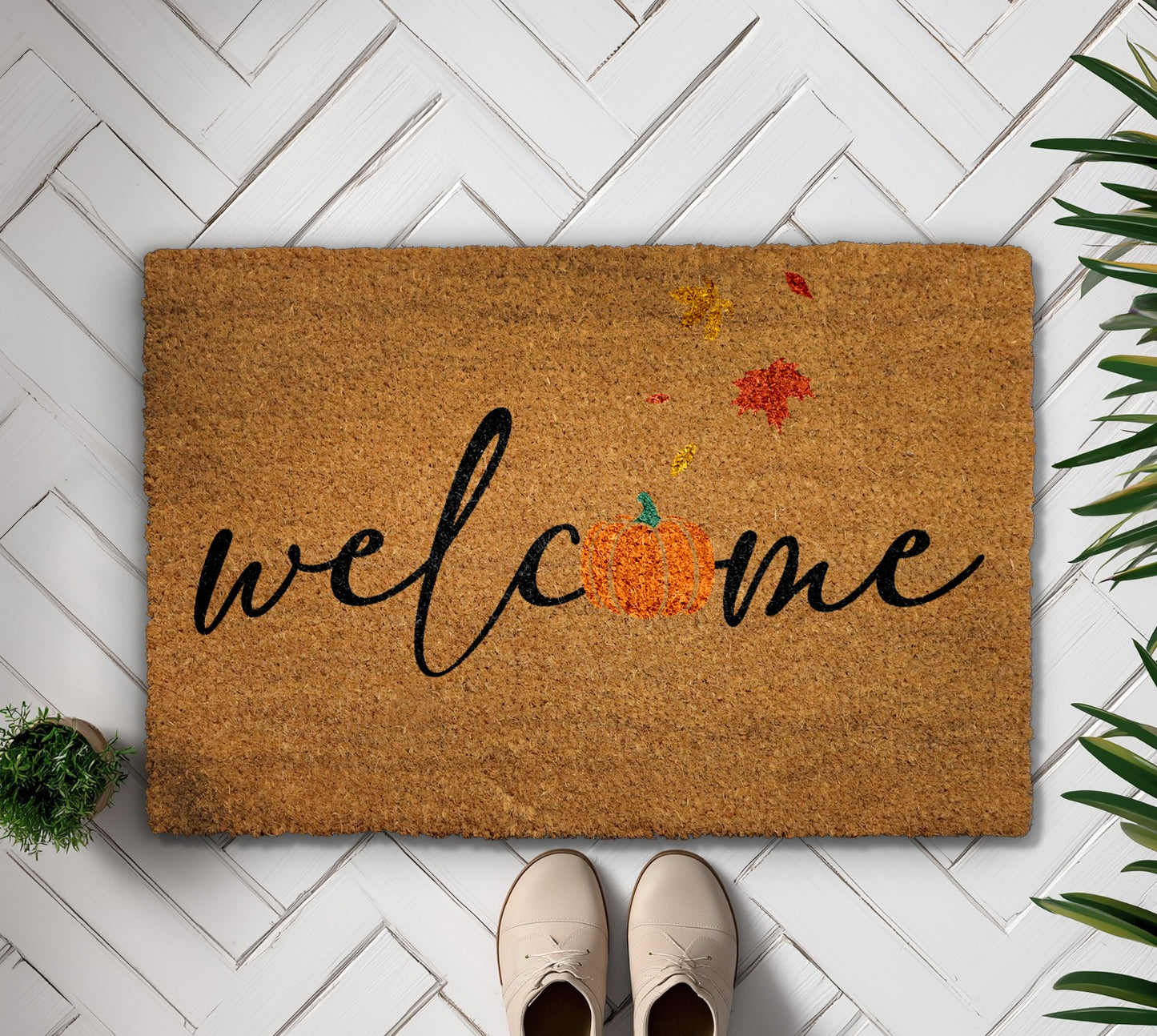 Autumn Leaves Home Decor, Pumpkin Welcome Mat for Farmhouse Entry