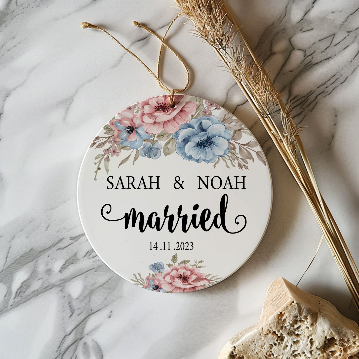 Custom Wedding Keepsake: Personalized Married Ornament, Elegant Floral Decor