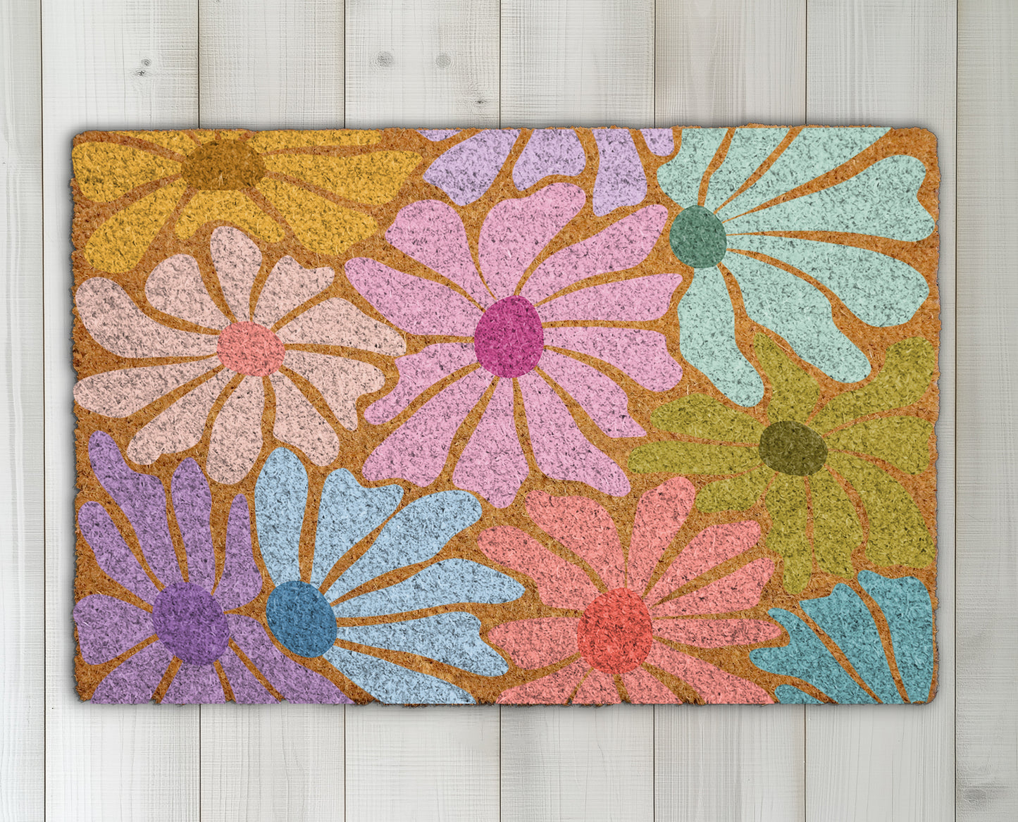 Boho Floral Coco Doormat, Groovy Summer Garden Welcome Mat
