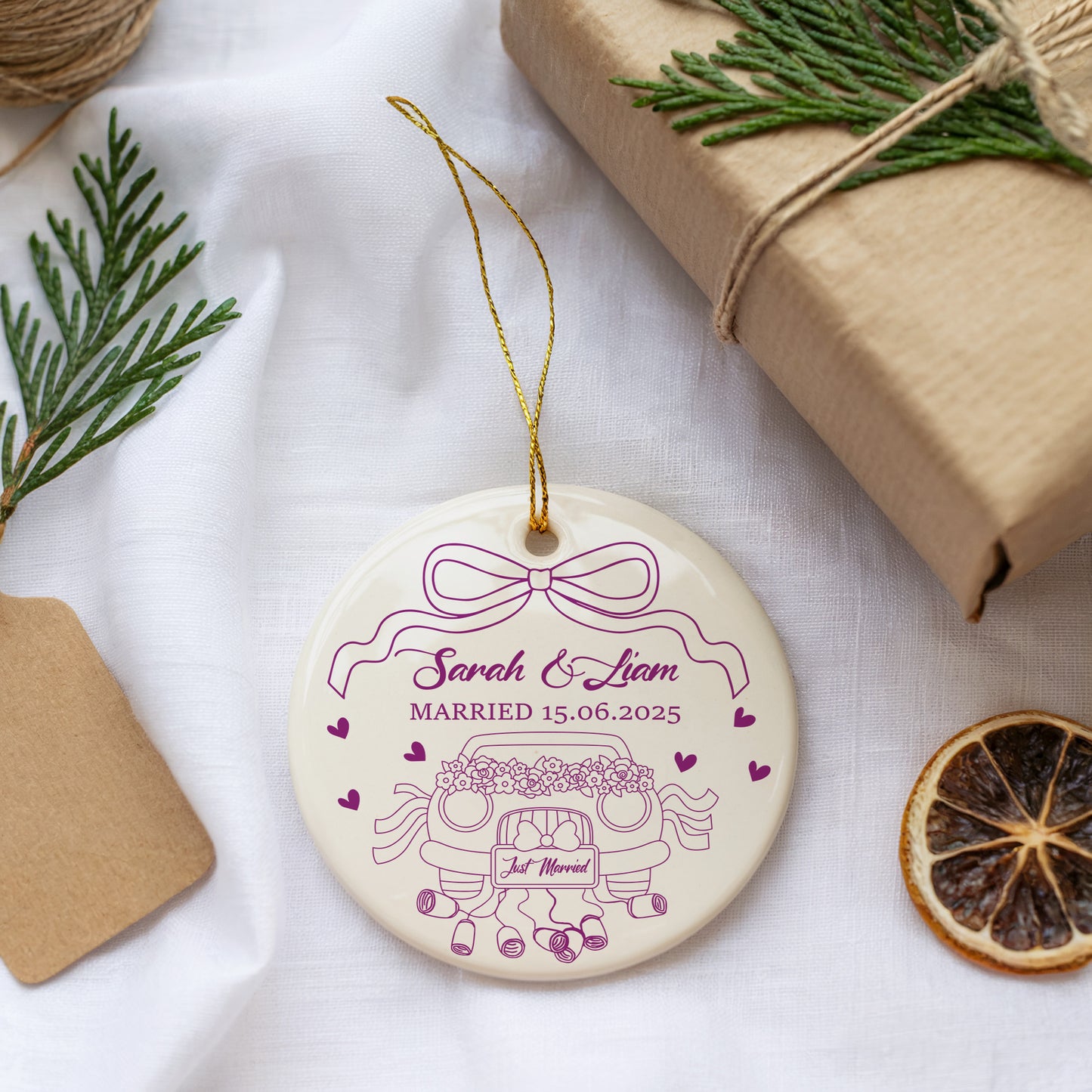 Personalized Just Married Ceramic Keepsake, Bride And Groom Gift Ornament