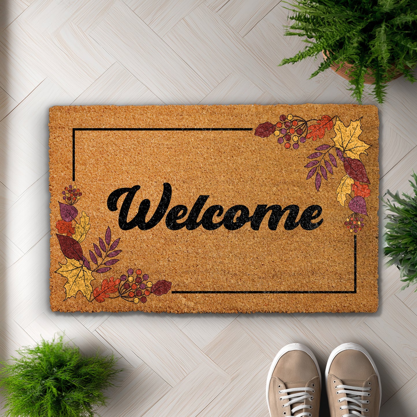 Fall Leaves Welcome Mat, Rustic Autumn Entryway Mat, Farmhouse Entry Rug