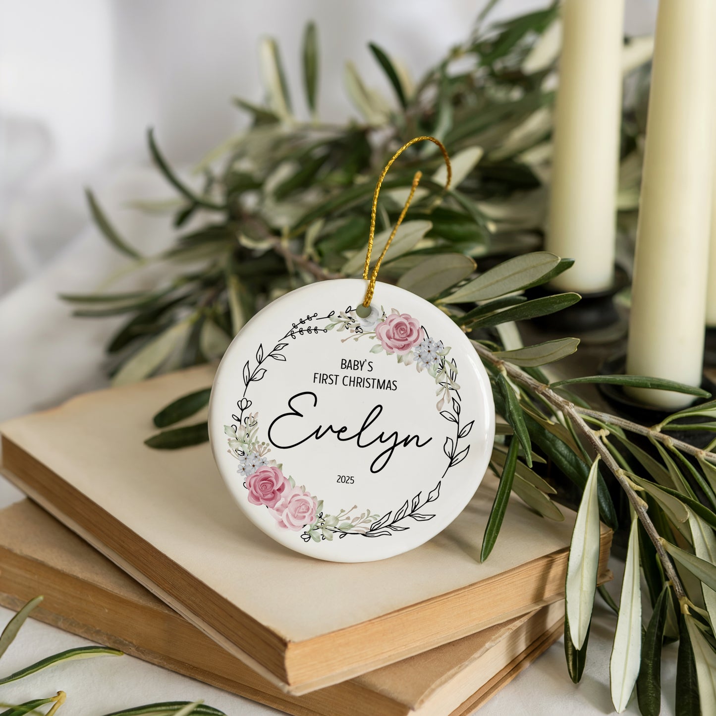 Rose Embroidered 1St Christmas Ornament, Customizable Baby's Keepsake Gift