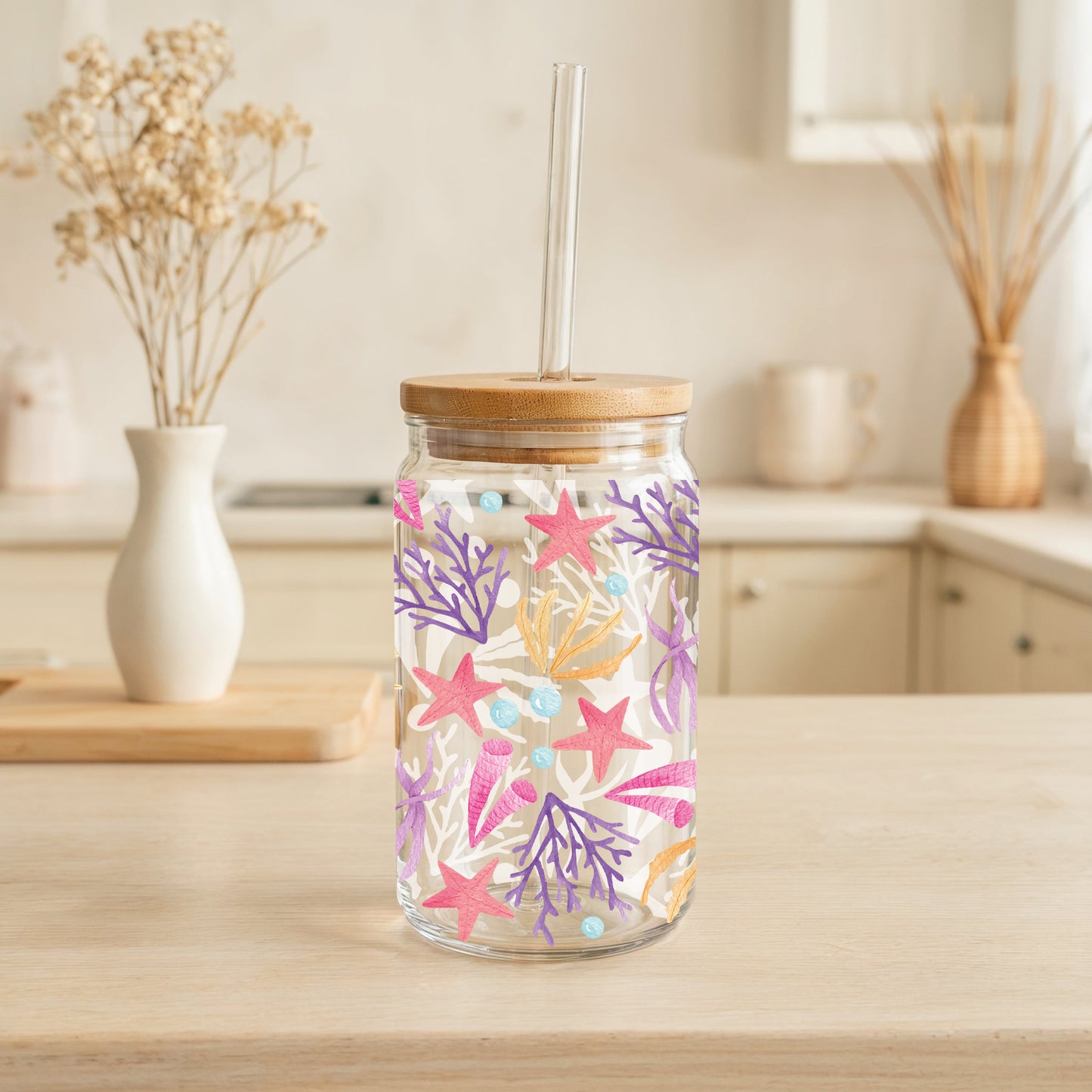 Seashells Glass Cup, Starfish Tumbler: Beach Trip Drinkware Vibes
