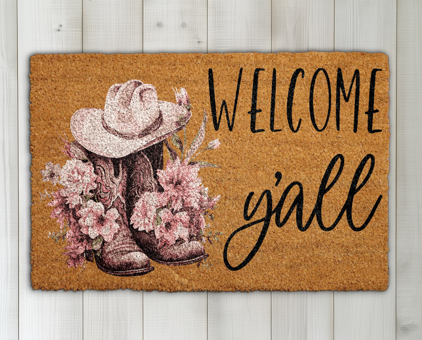 Pink Cowboy Boots and Hat Welcome Mat for Western Home.