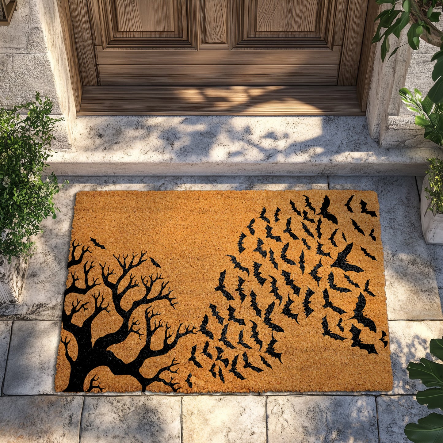 Spooky Season Tree & Bats Doormat, Gothic Home Entrance Decor