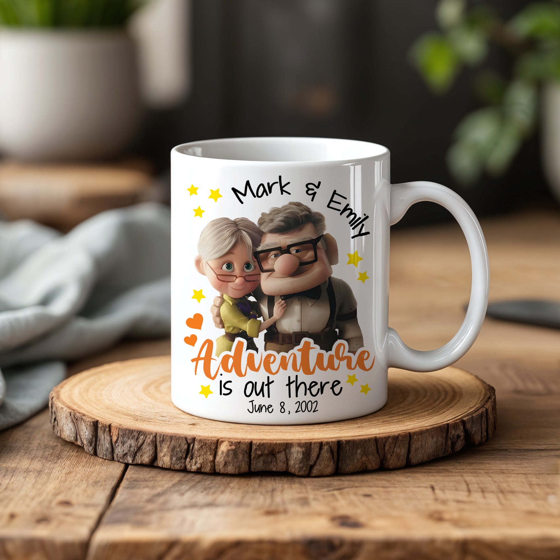 Adventure Awaits: Personalized Up Movie Couple Anniversary Names Coffee Mug