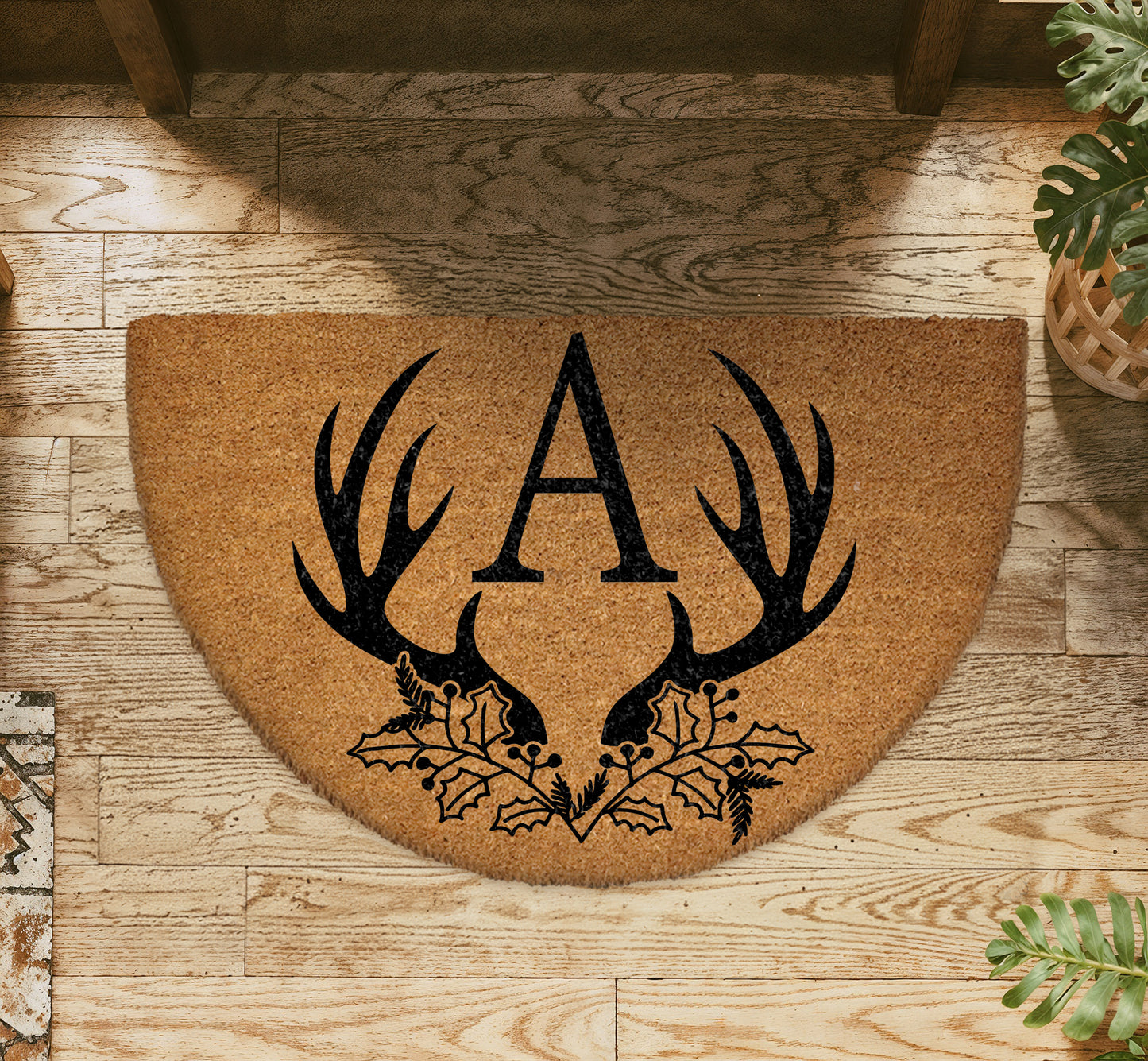 Personalized Antler Monogram Welcome Mat, Rustic Housewarming Gift