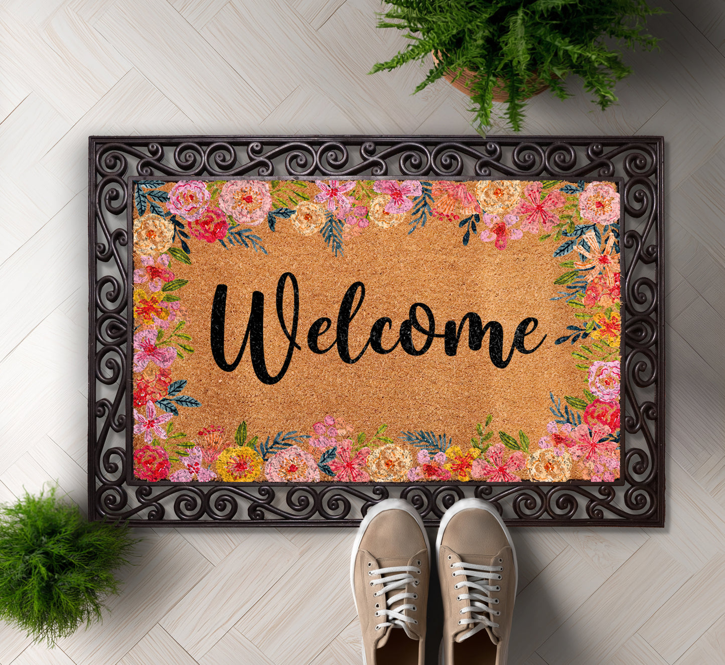 Floral Coco Doormat: Vibrant Flowers, Cute Spring Entry Door Mat