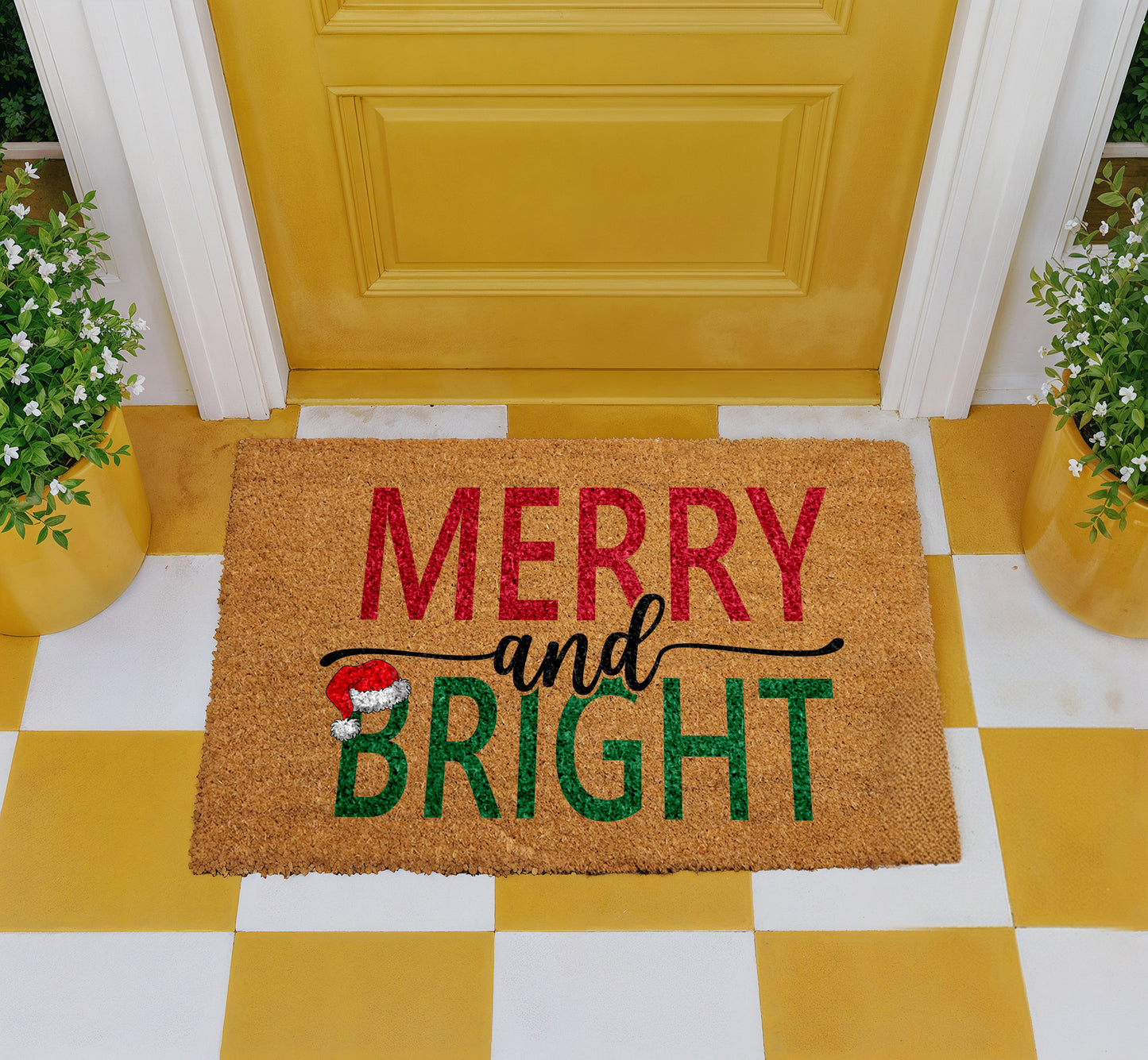 Winter Festive Front Porch Rug, Merry And Bright Doormat, Cozy Christmas Welcome Mat