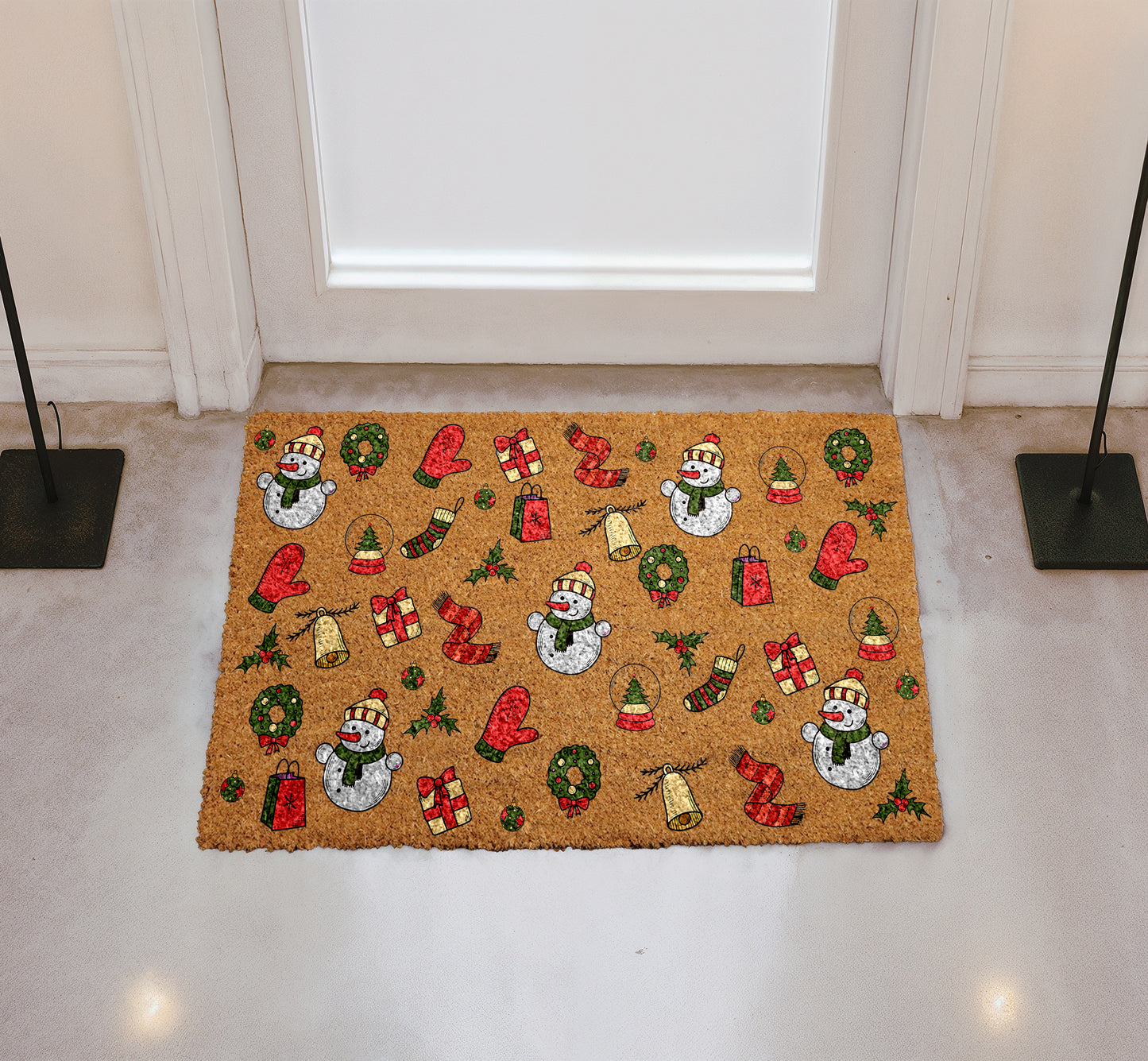 Winter Wonderland: Festive Snowman & Holiday Pattern Coir Doormat, Housewarming Gift
