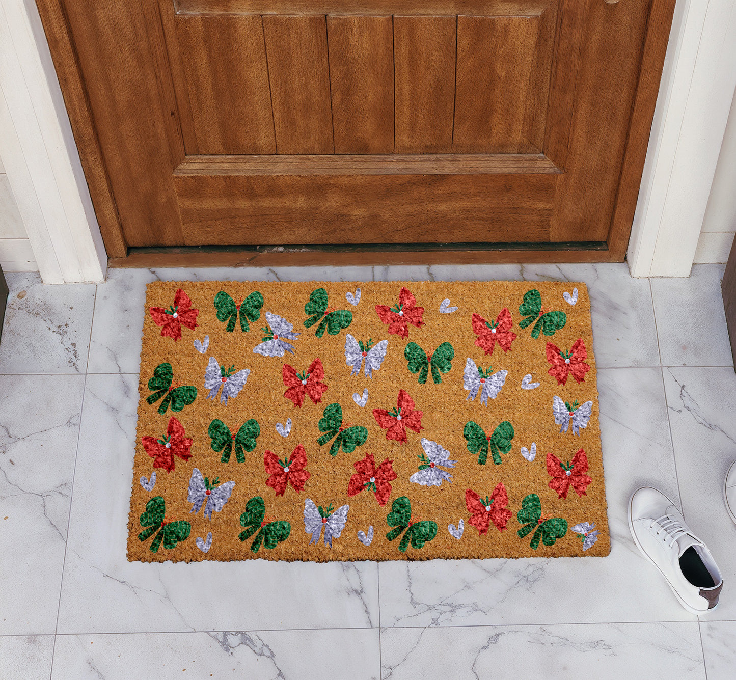 Festive Holiday Doormat with Christmas Wreath Bows and Ribbon