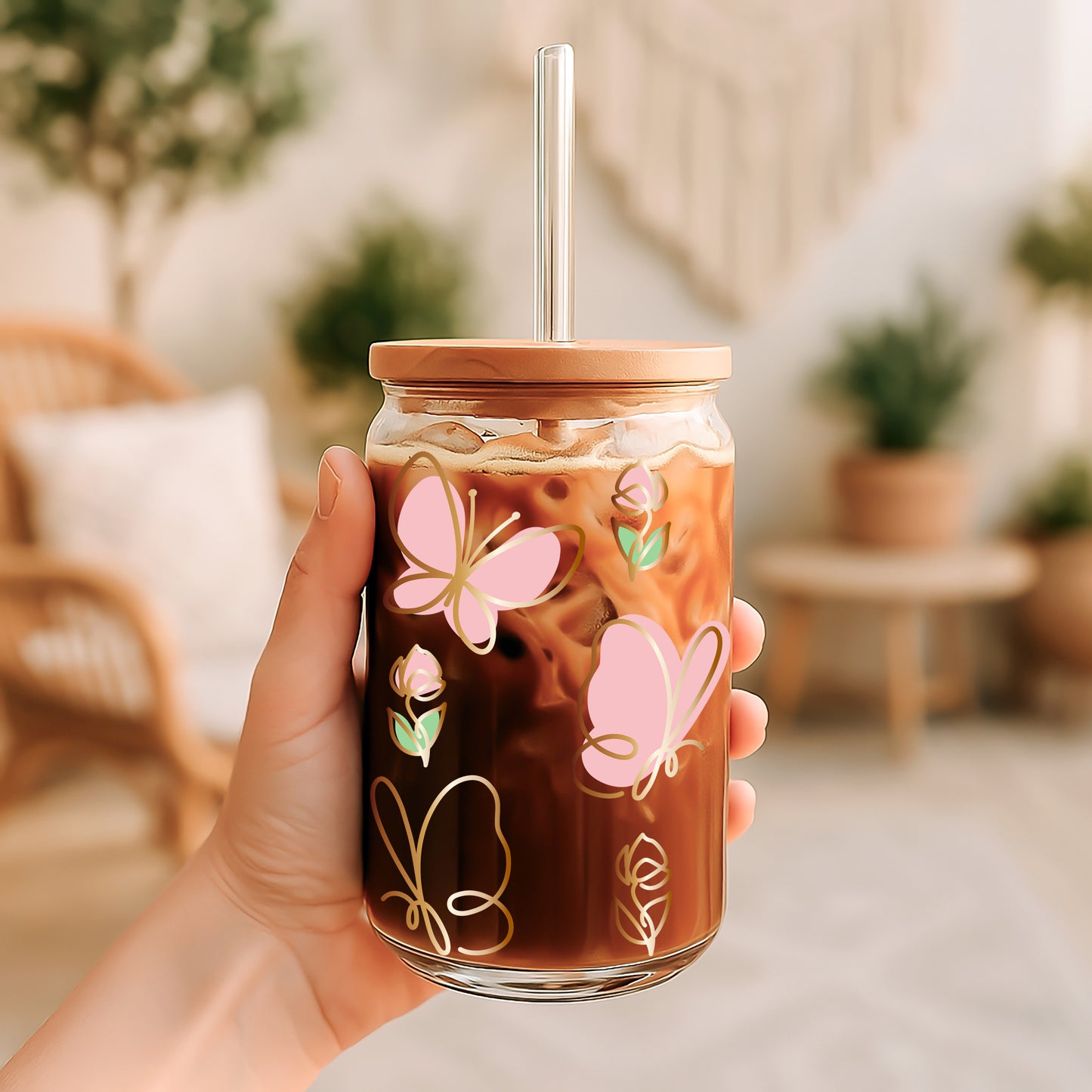 Golden Striped Butterfly Glass Tumbler, Cute Eco-Friendly Iced Coffee Cup