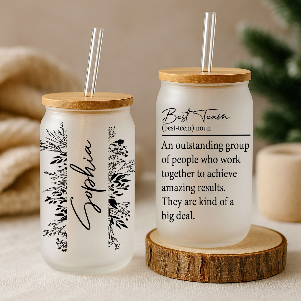 Floral Personalized Team Can Glass Tumbler, Motivation Iced Coffee Cup