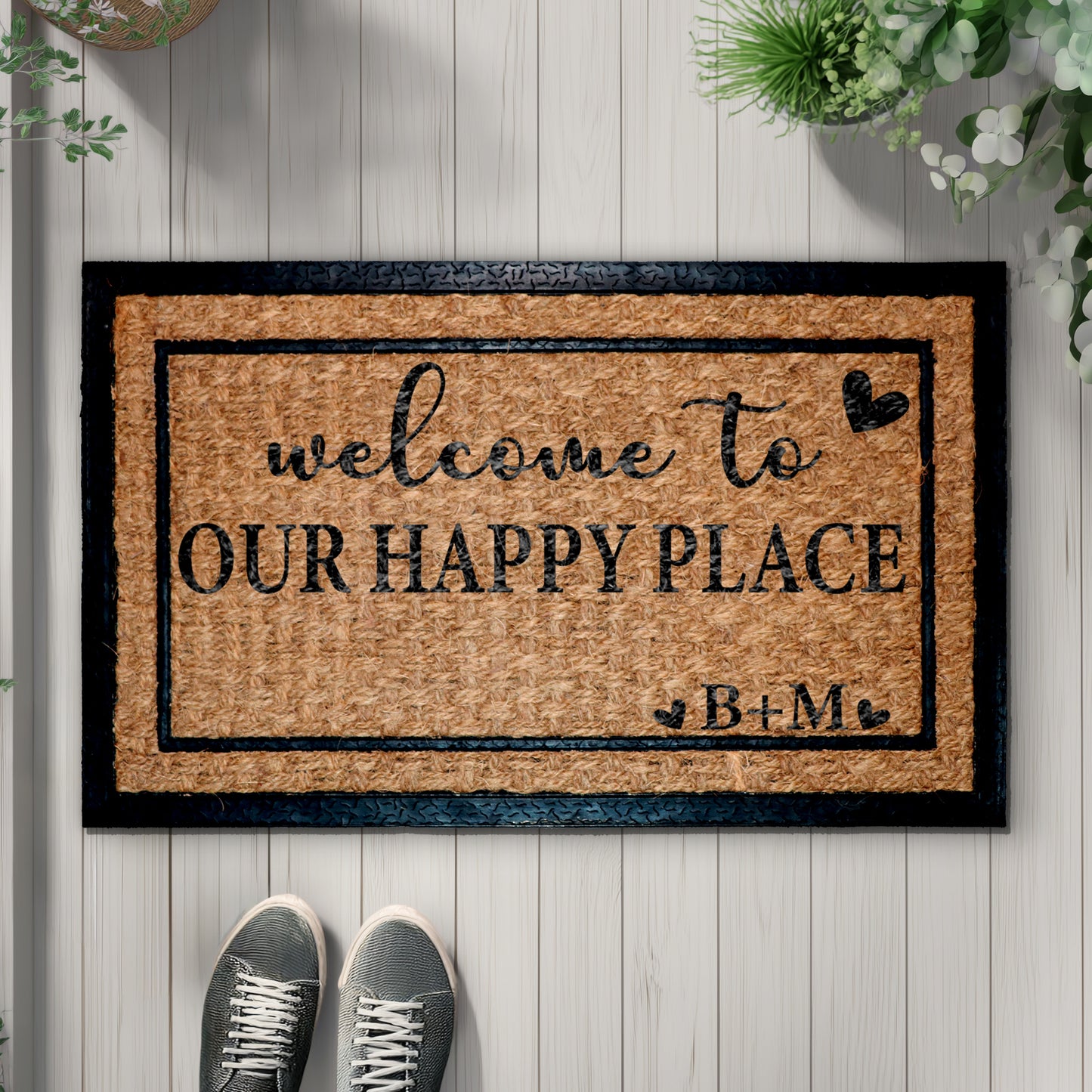 Personalized Custom Initials Doormat - Happy Place Entryway Decor