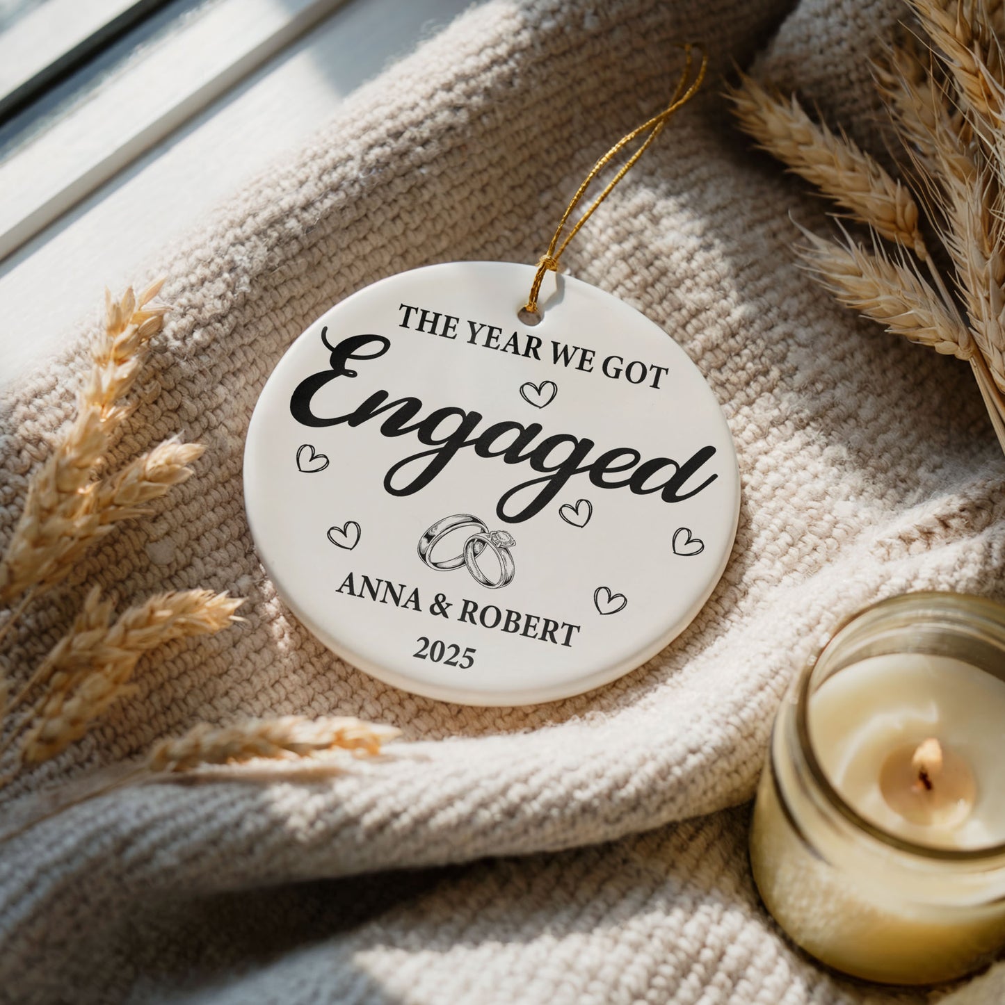 Celebrate Love: Personalized Engagement Year Ceramic Ornament, Elegant Keepsake Gift