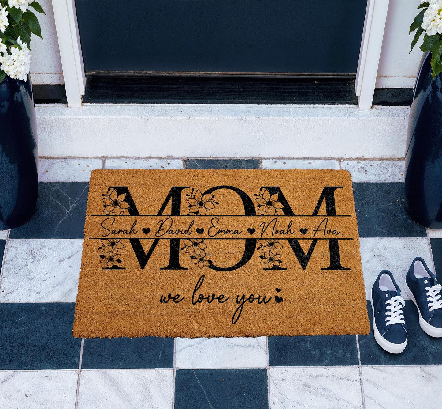 Floral Mom Doormat, Custom Kids' Names Welcome Mat, Mother's Day Gift