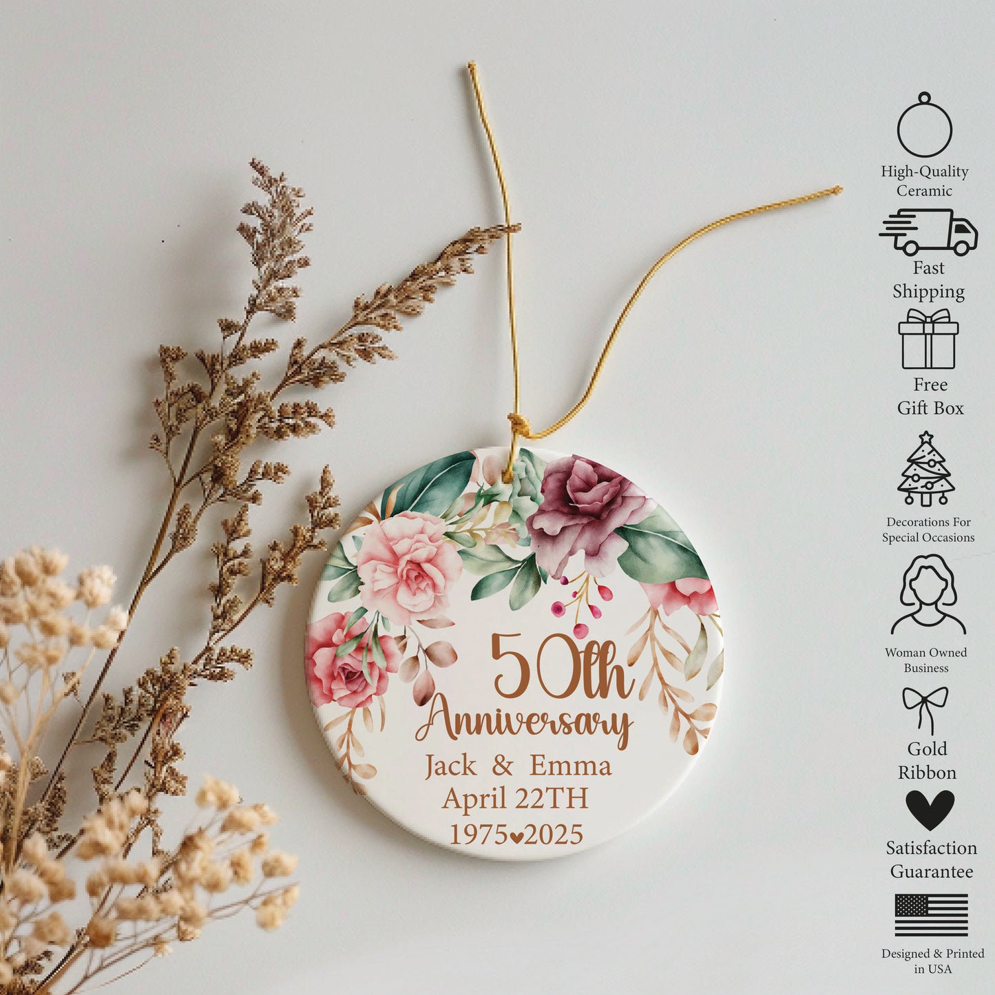 Custom Floral Names & Date Ornament, Personalized Golden 50th Anniversary Keepsake