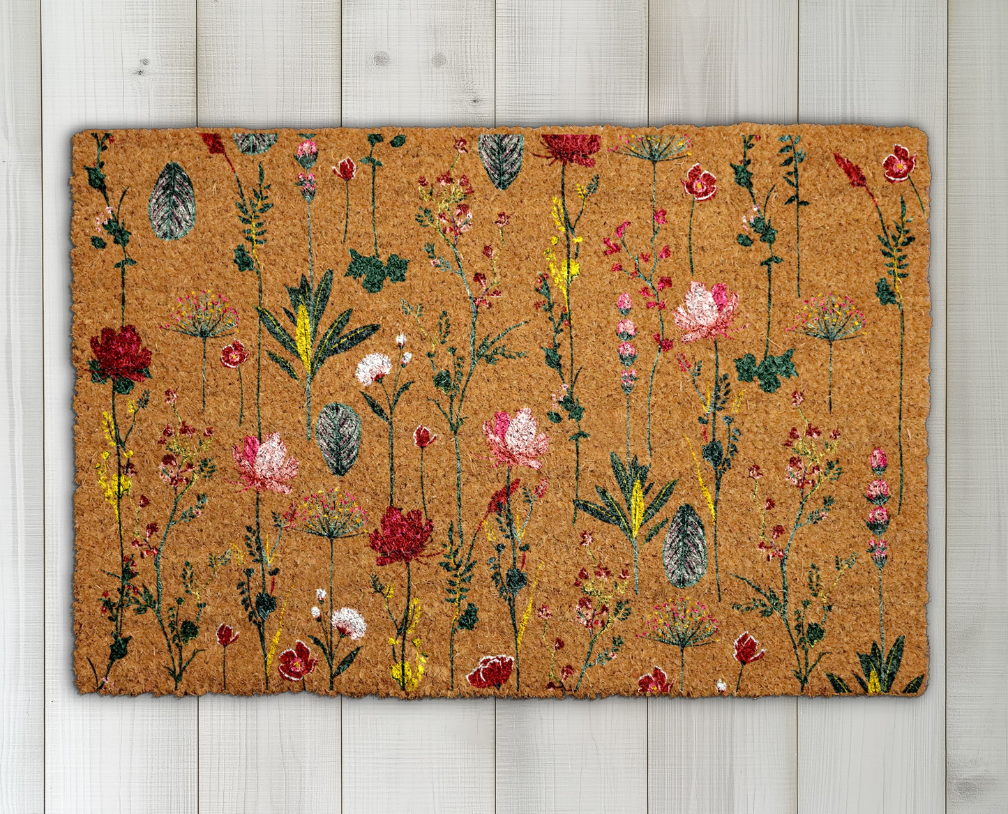 Boho Floral Welcome Mat, Colorful Spring Blossom Doormat, Charming Entrance Rug