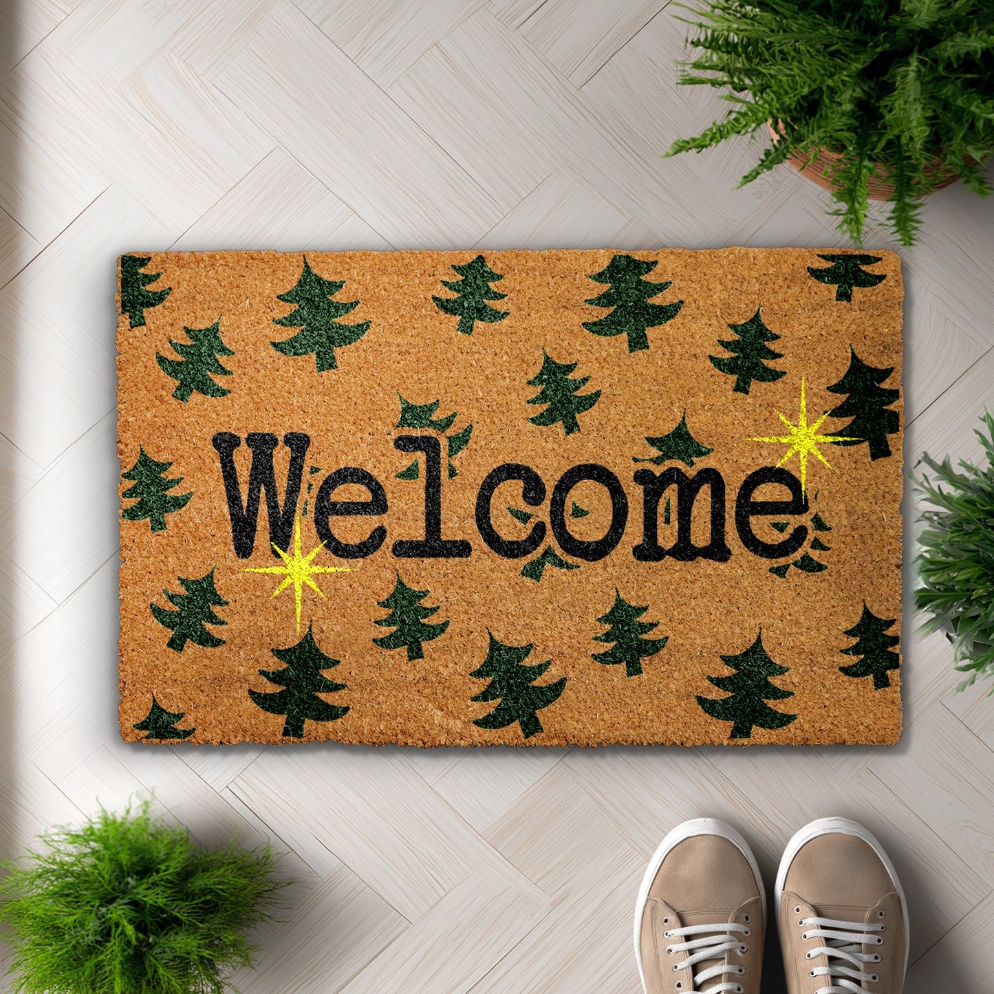 Festive Christmas Tree Welcome Mat, Holiday Front Door Rug