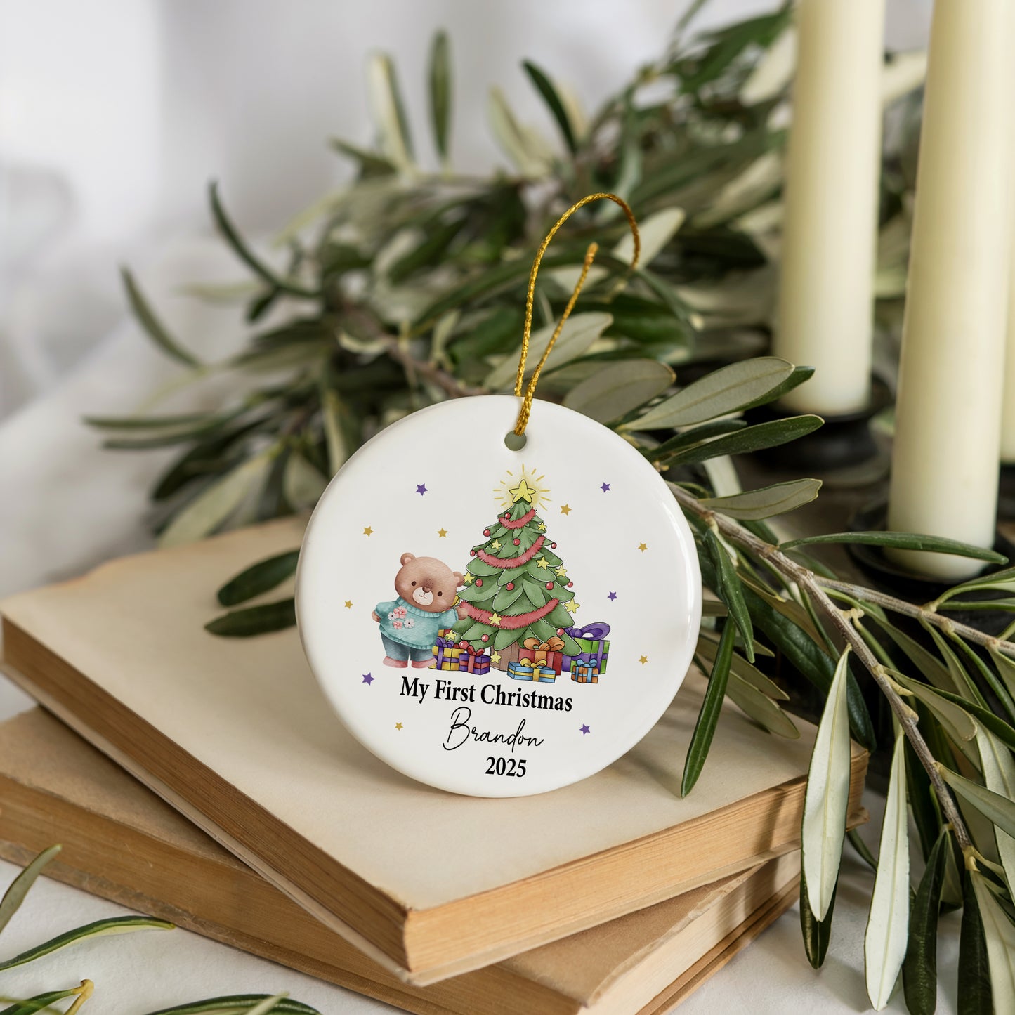Baby's 1st Christmas Keepsake Ornament, Personalized Ceramic With Adorable Bear Design