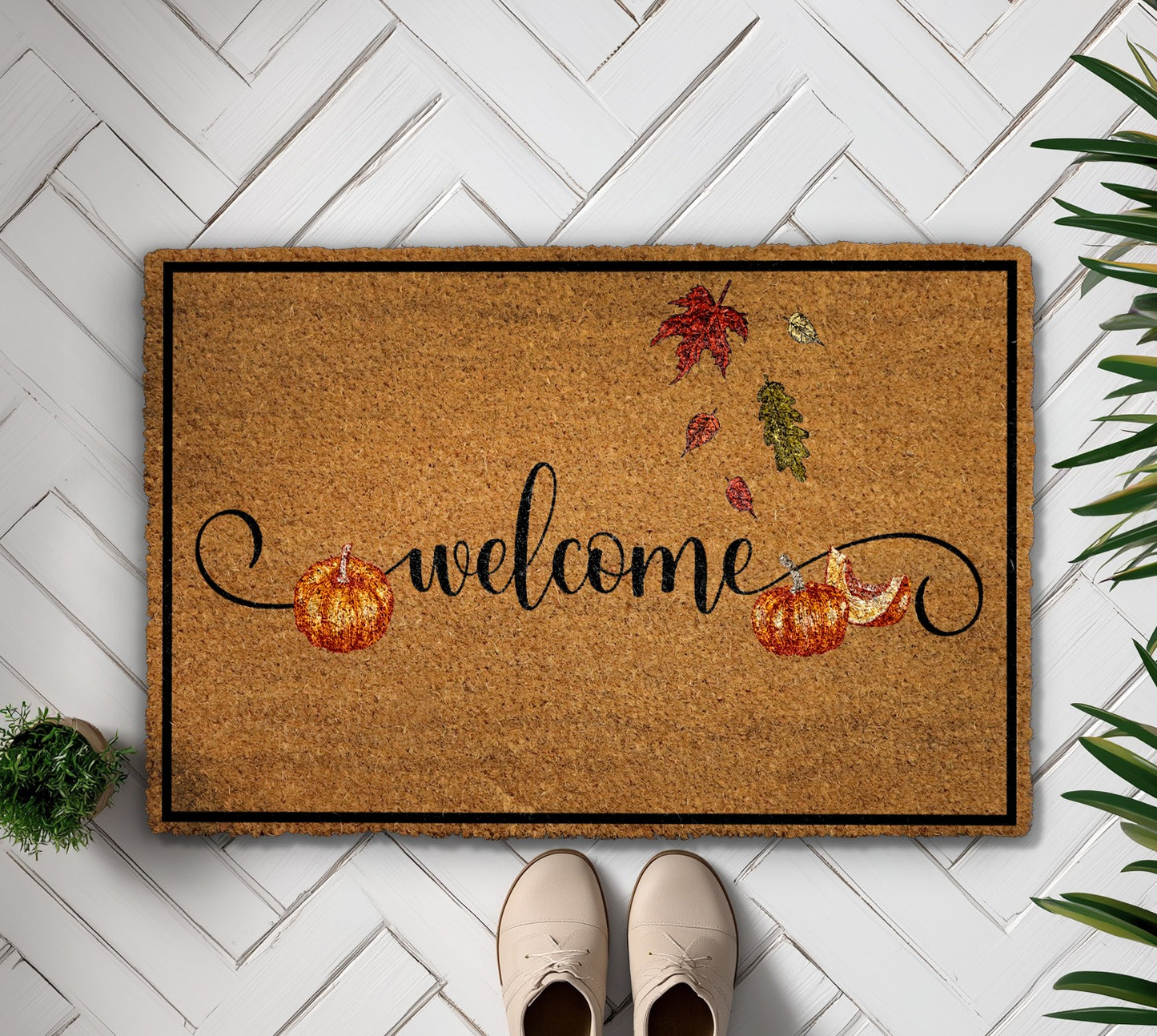 Fall Fun: Pumpkin Welcome Doormat, Cute Leaves - Happy Halloween
