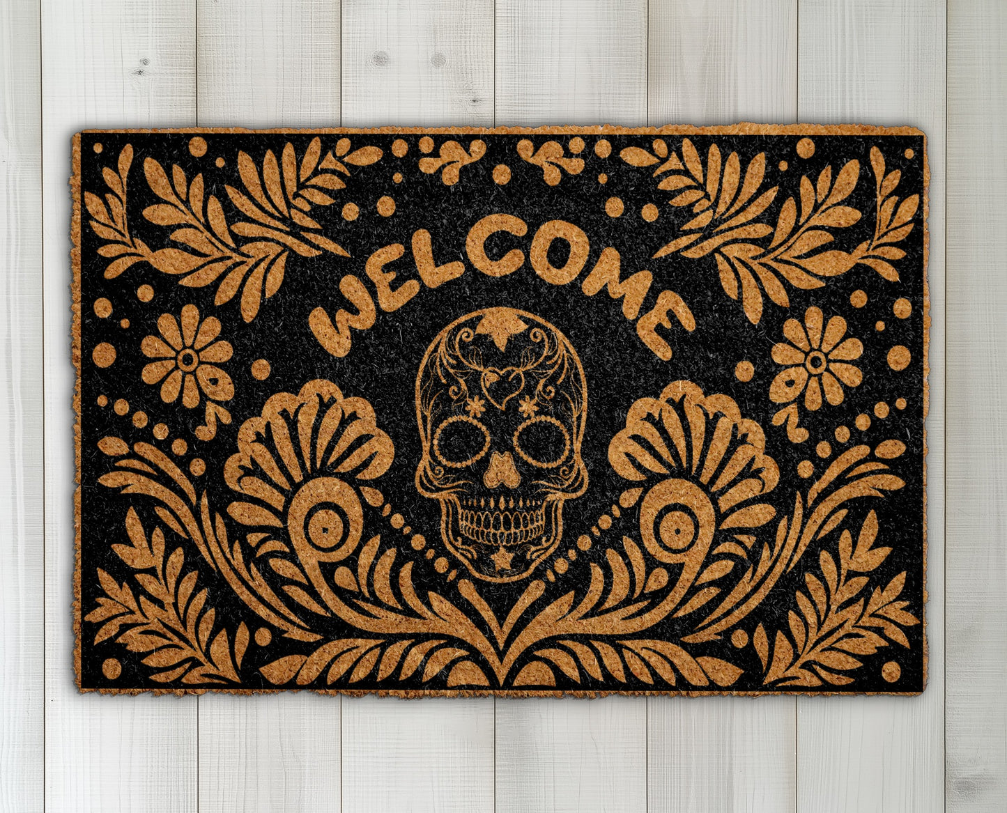 Gothic Floral Sugar Skull Welcome Doormat, Perfect Skeleton Halloween Decor