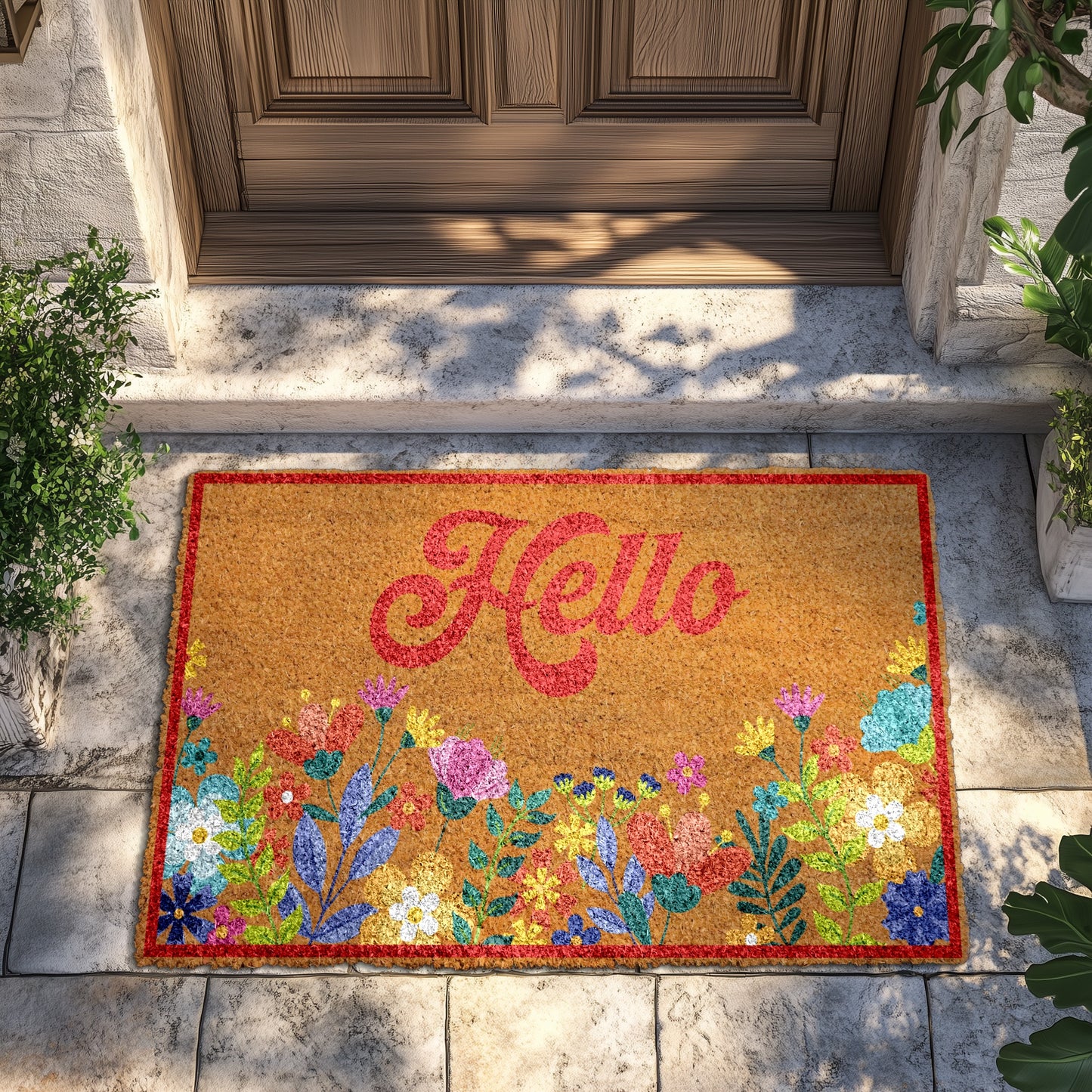 Charming Floral Hello Doormat, Vibrant Boho Flower Welcome Mat