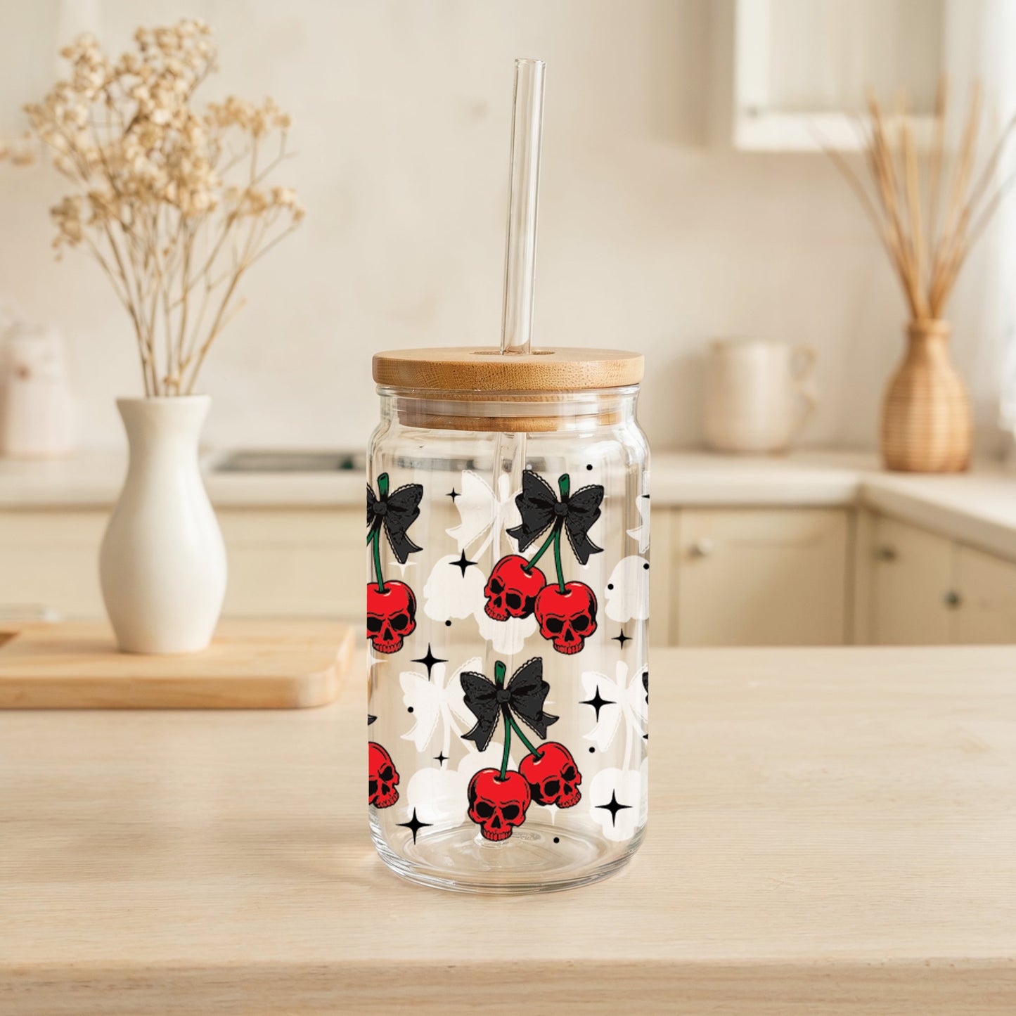 Celebrate Halloween with Cherry Skulls Can Glass Tumbler, A Spooky Delight!
