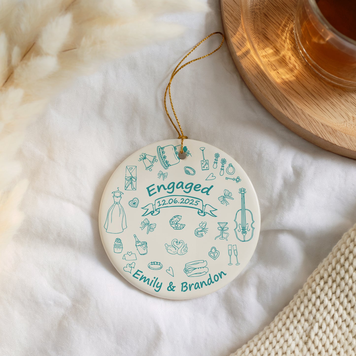 Custom Engaged Ceramic Ornament, Vibrant Doodle Design, Elegant Engagement Keepsake