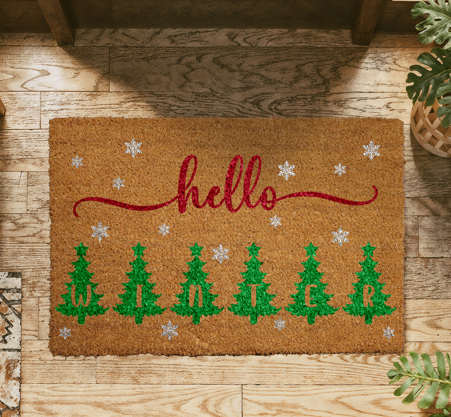 Snowflakes & Trees Welcome Mat, Festive Holiday Home Decor