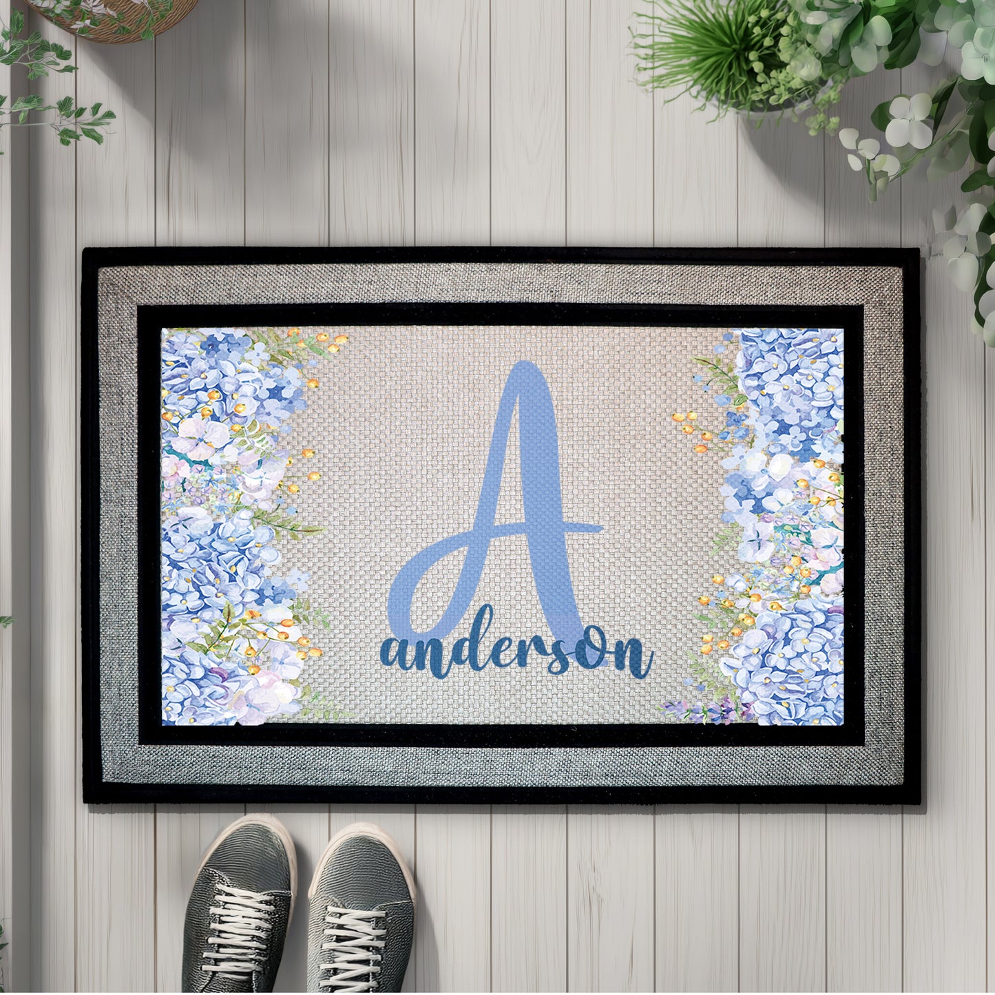 Custom Floral Initial Door Mat, Personalized Monogram Letter Rug