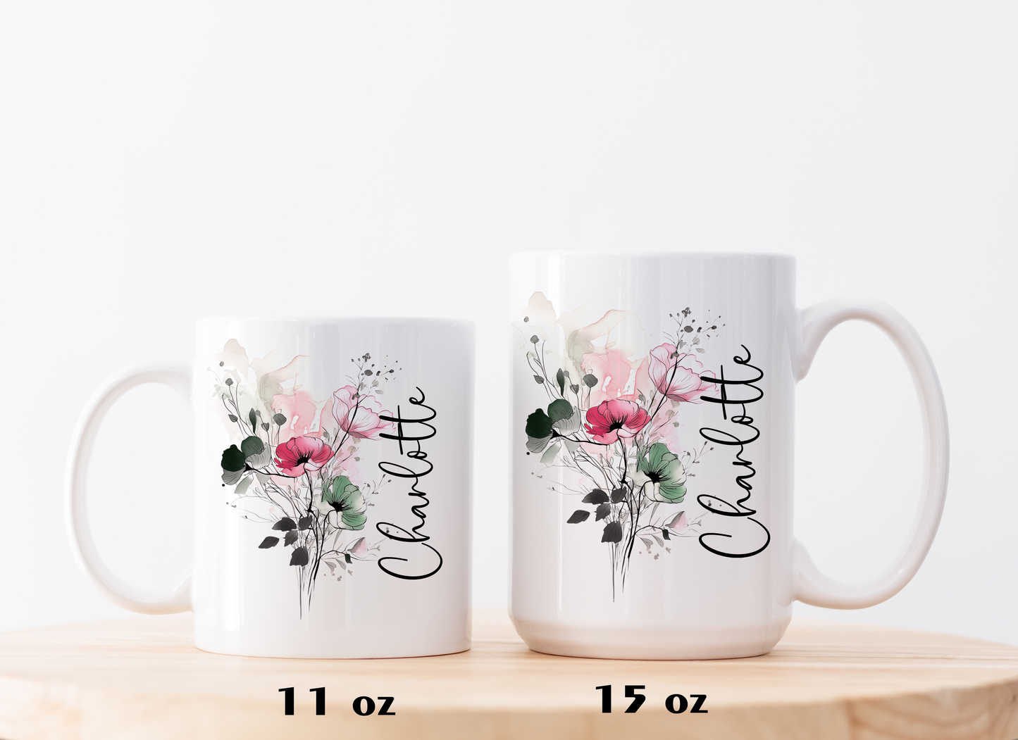 Custom Botanical Watercolor Floral Mug, Elegant Ceramic Tea Cup, Personalized Coffee Cup