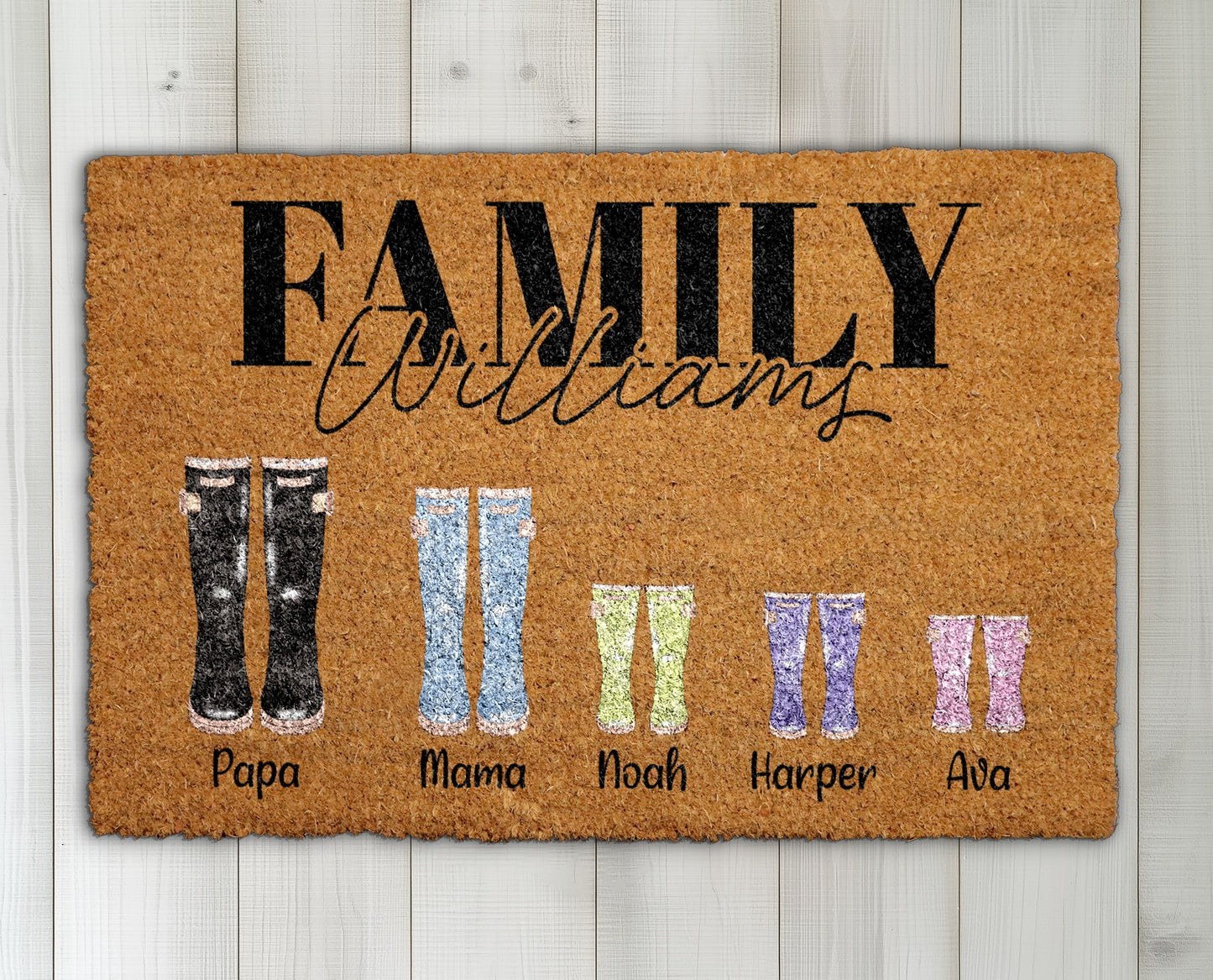 Personalized Family Wellies Doormat, Last Name Welcome Mat, Porch Decor