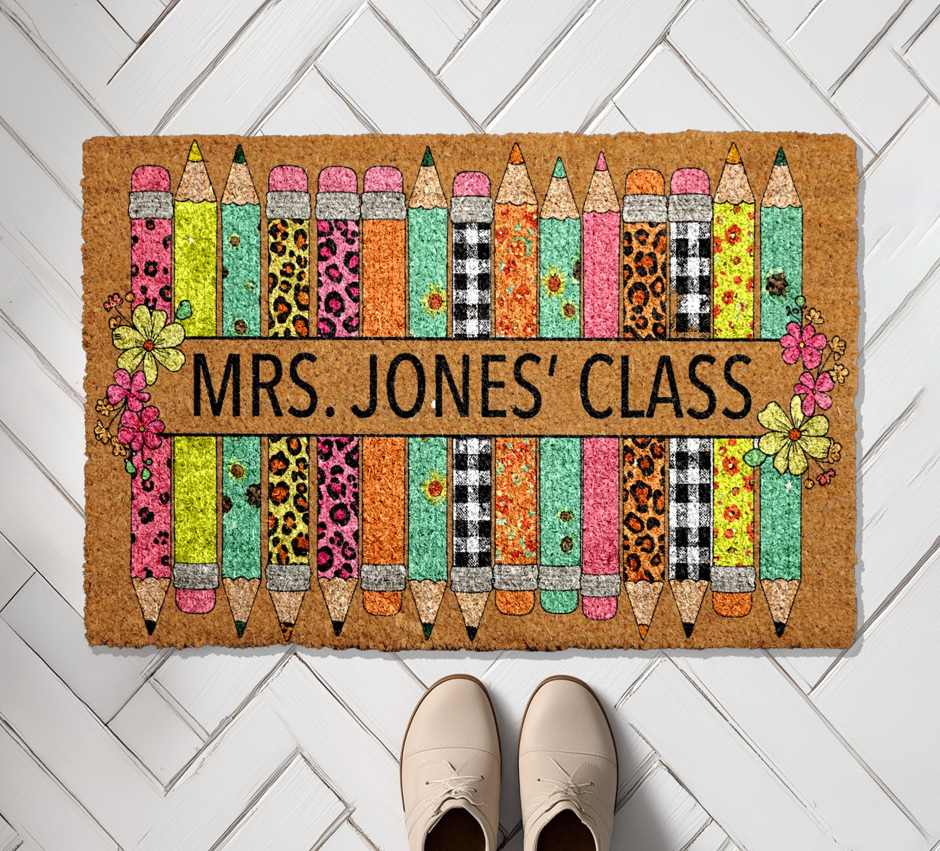 Personalized Teacher Doormat, Welcome Gift with Pencil Design