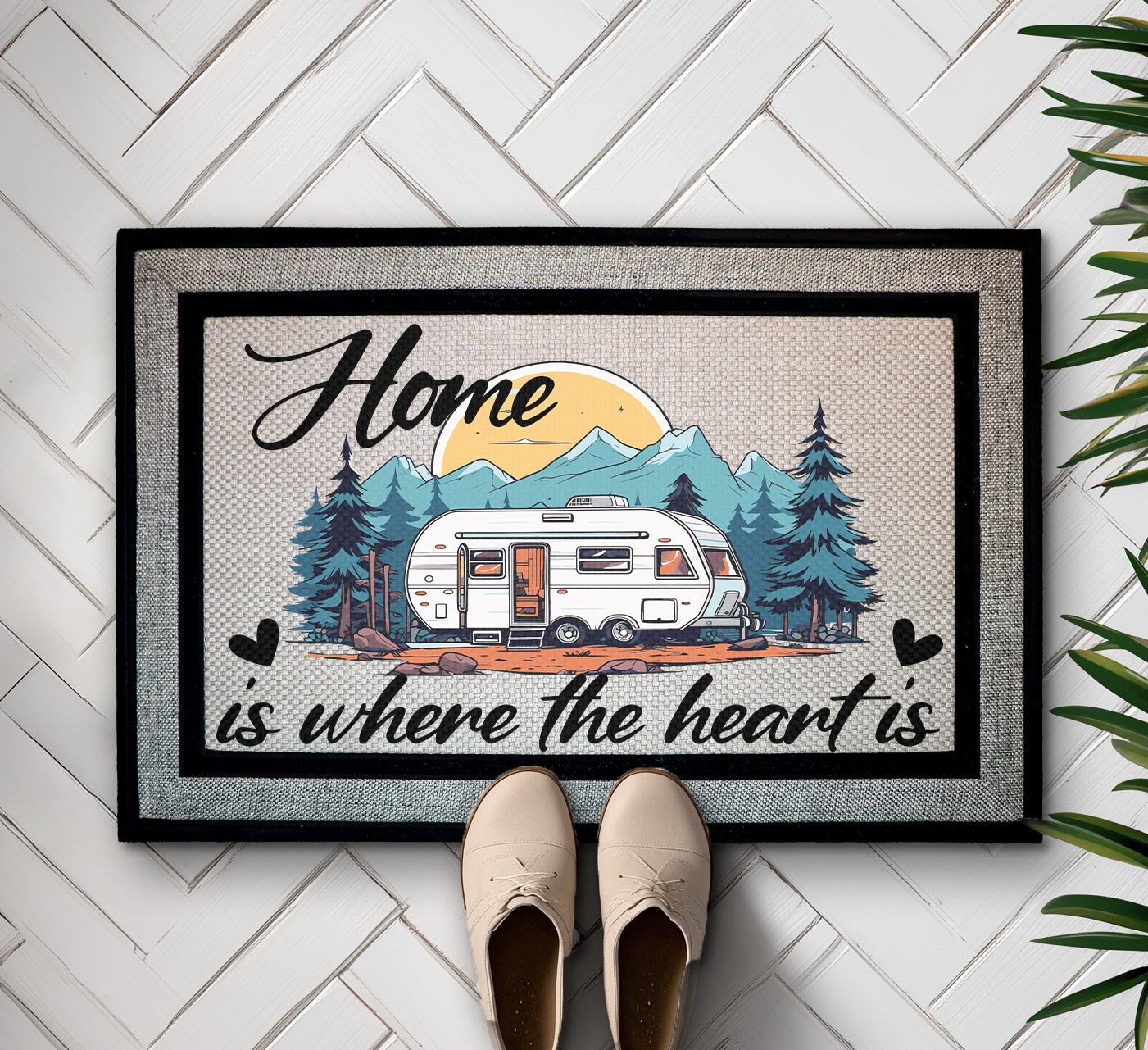 Rustic RV Welcome Mat, Mountain Landscape Decor for Camping Enthusiasts