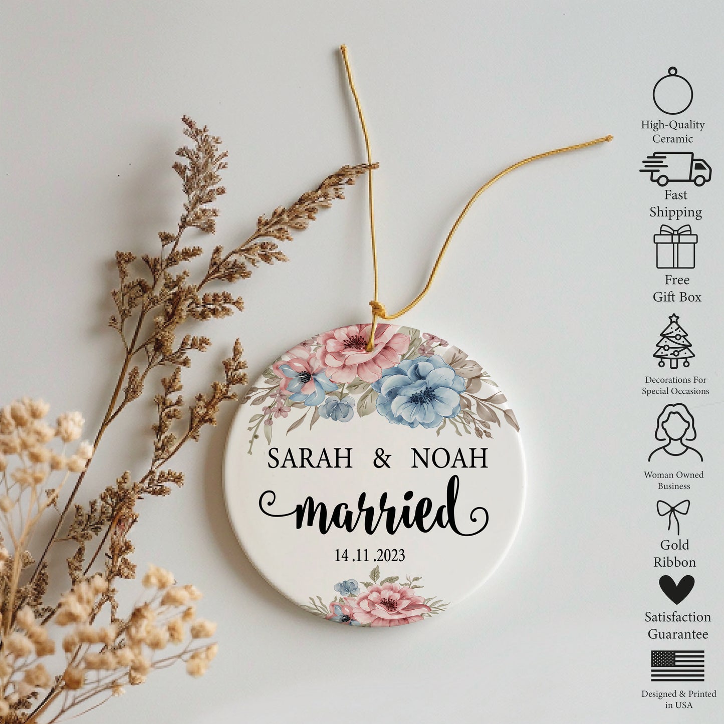 Custom Wedding Keepsake: Personalized Married Ornament, Elegant Floral Decor