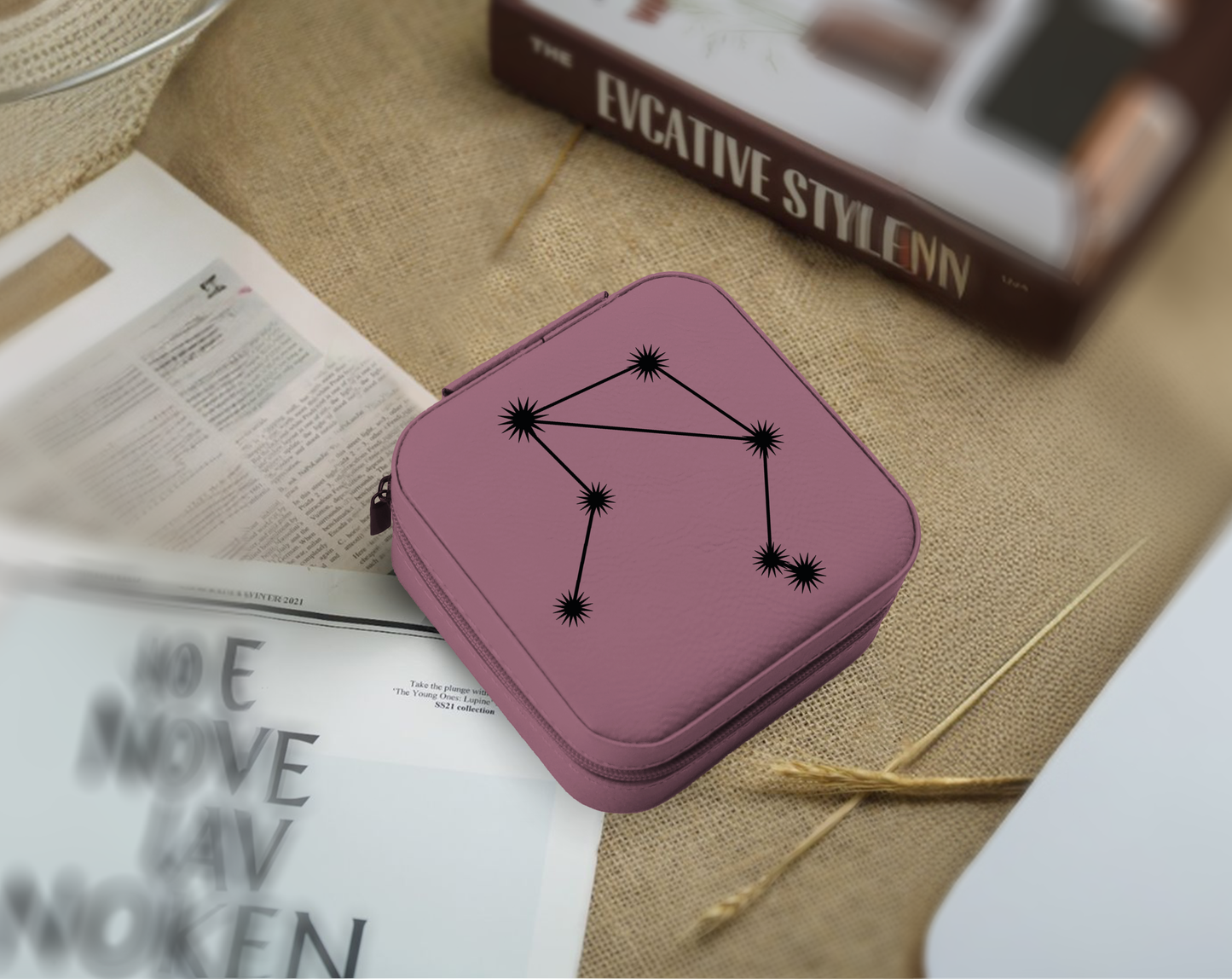 Zodiac Sign Jewelry Box, Travel Organizer - Engraved Vegan Leatherette