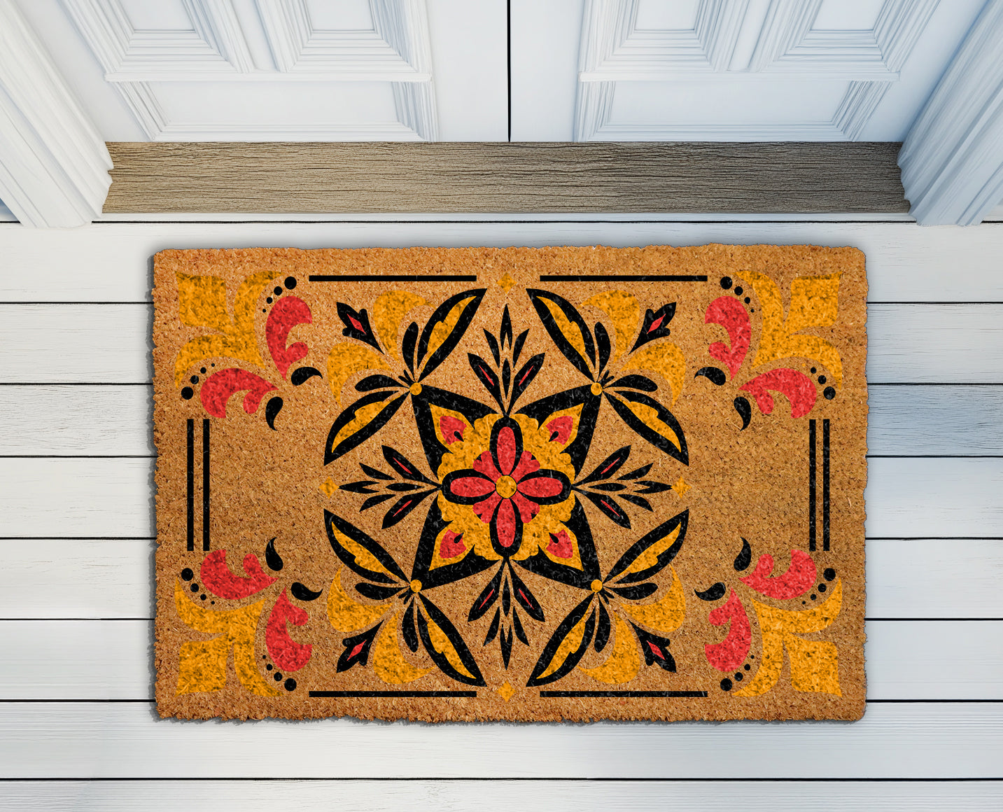 Bohemian Coir Mat: Moroccan Tile Doormat with Ornate Mediterranean Flair