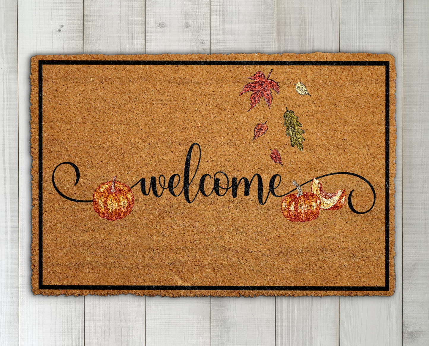 Fall Fun: Pumpkin Welcome Doormat, Cute Leaves - Happy Halloween