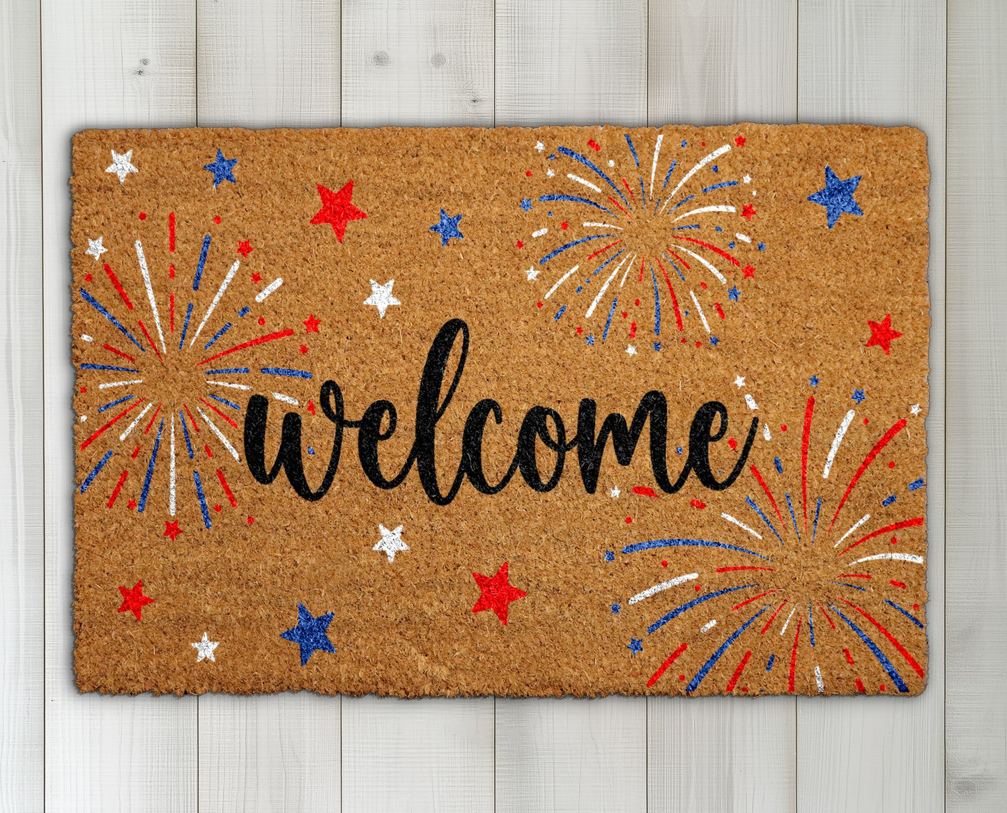 Welcome All with Patriotic Fireworks Doormat, Ideal American Housewarming Gift