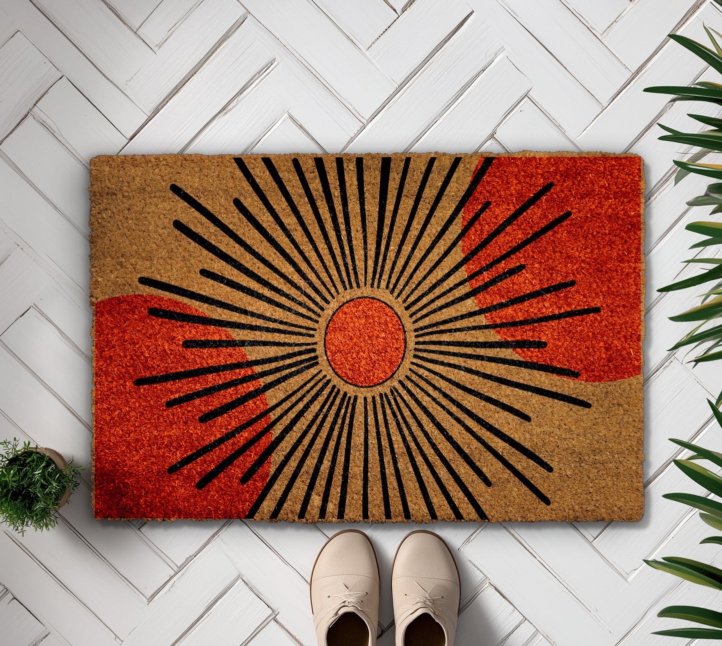 Boho Sunburst Doormat, Mid Century Style for Modern Home