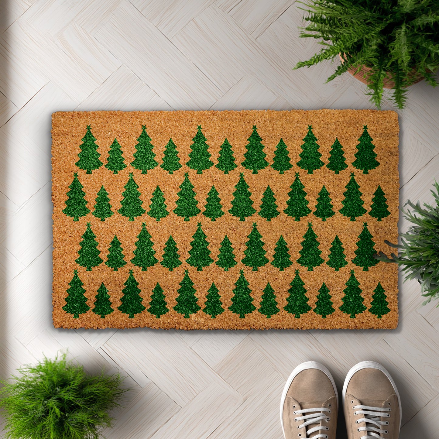 Festive Xmas Tree Welcome Mat, Winter Holiday Front Porch Decor