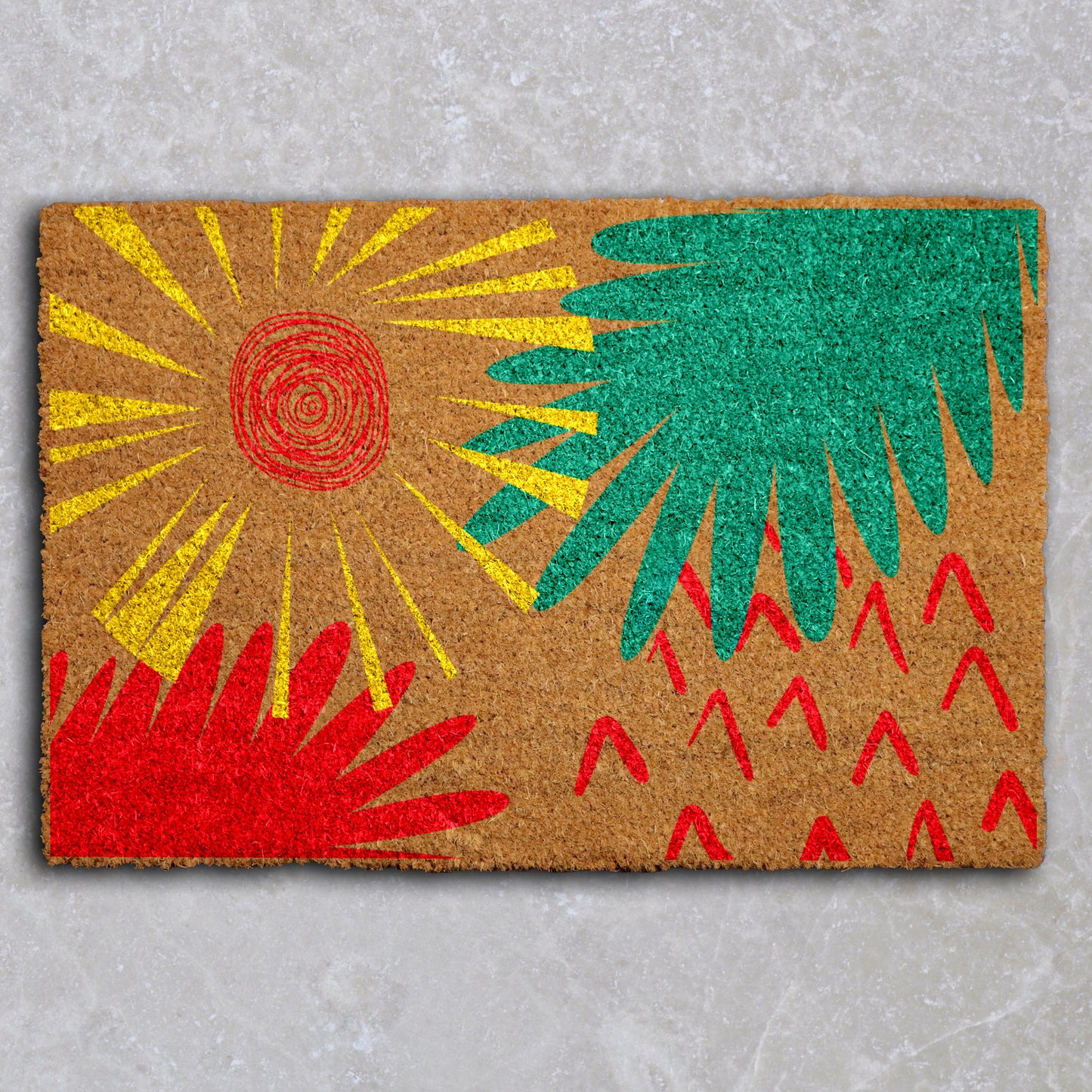 Modern Abstract Sun Doormat, Colorful Leaves Mat for Boho Home