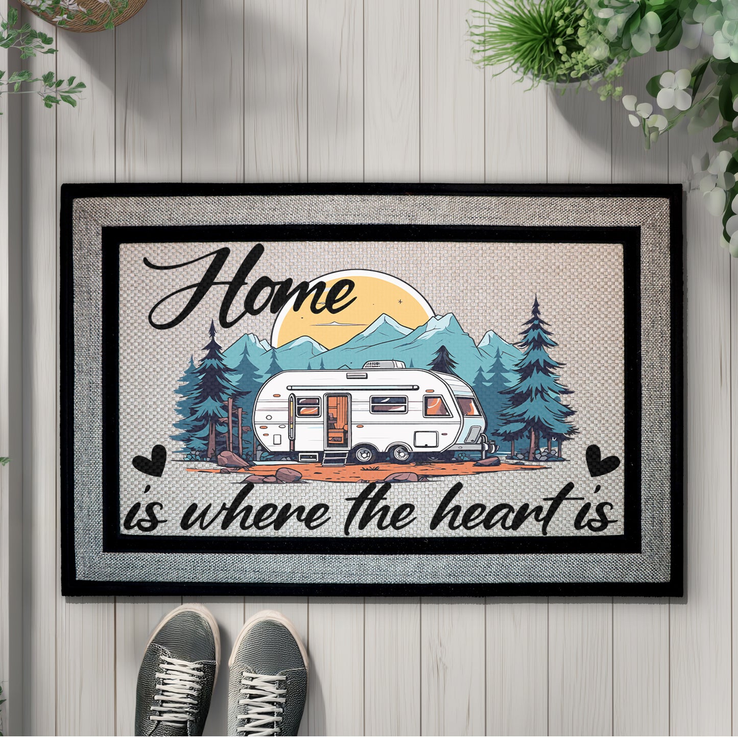 Rustic RV Welcome Mat, Mountain Landscape Decor for Camping Enthusiasts