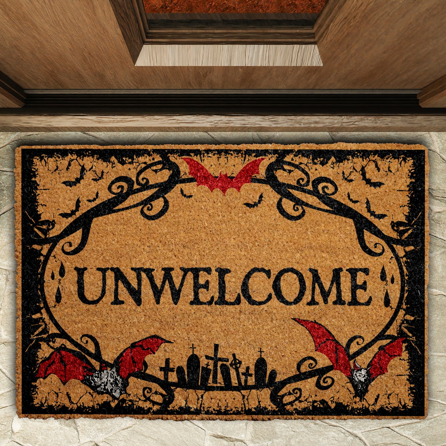 Gothic Bat Doormat, Spooky Vampire Welcome Mat for Halloween Decor.
