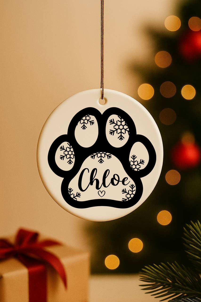 Customize Dog Name Ornament, Paw Print Ceramic, Pet Lovers Gift