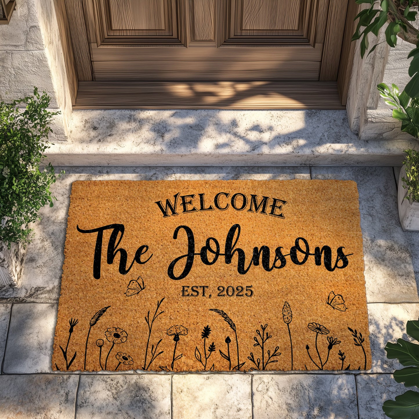 Personalized Floral Last Name Doormat, Family Welcome Mat, Housewarming Gift