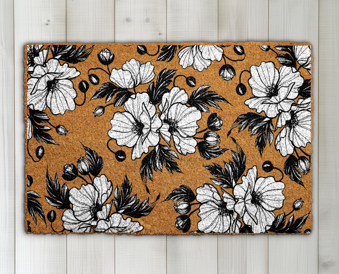 Hand Painted Poppy Flowers Welcome Mat, Rustic Garden Decor