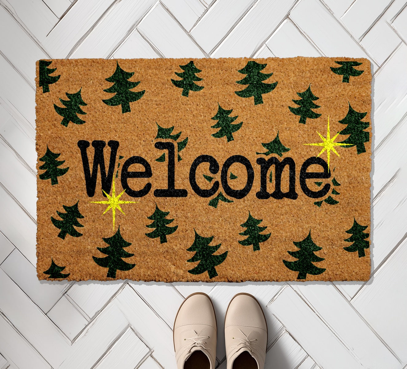 Festive Christmas Tree Welcome Mat, Holiday Front Door Rug